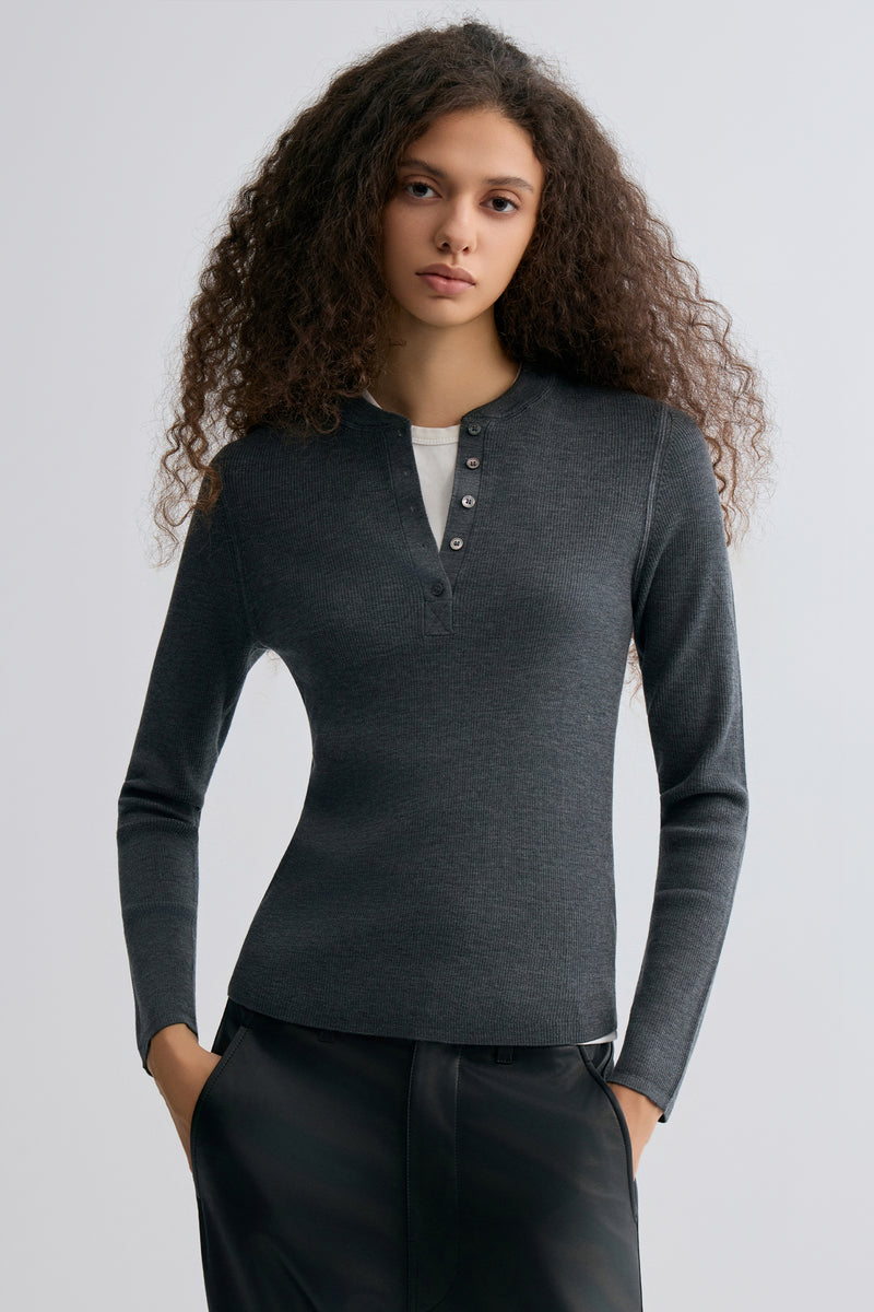 Superfine Merino Wool Knit Henley Grey Melange