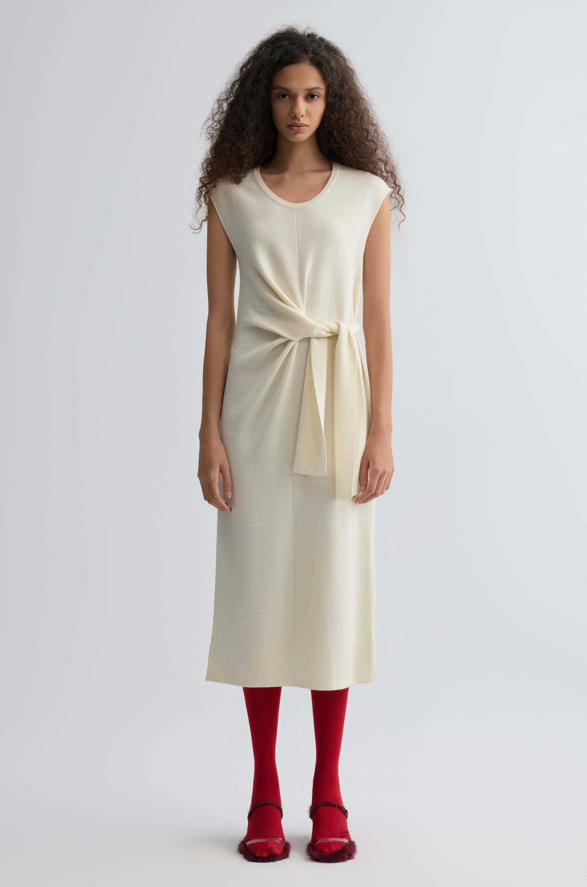 Knot-detail Knitted dress in Merino Wool Cream