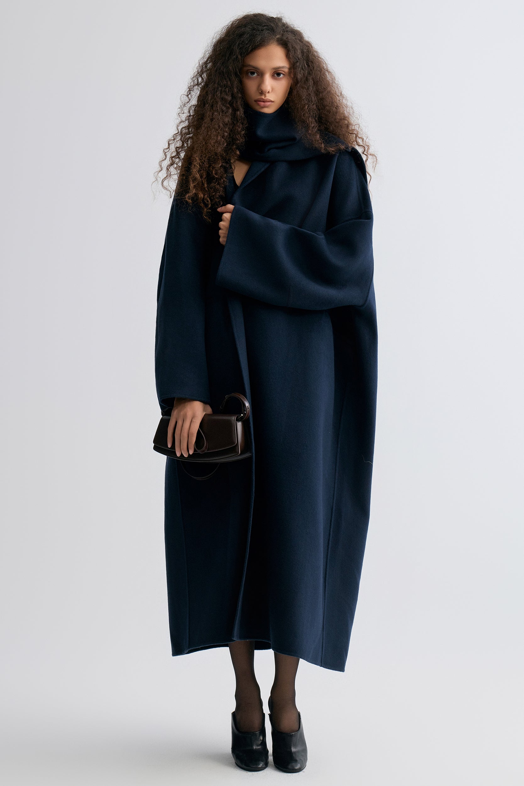 Oversized Double-faced Scarf Coat Navy