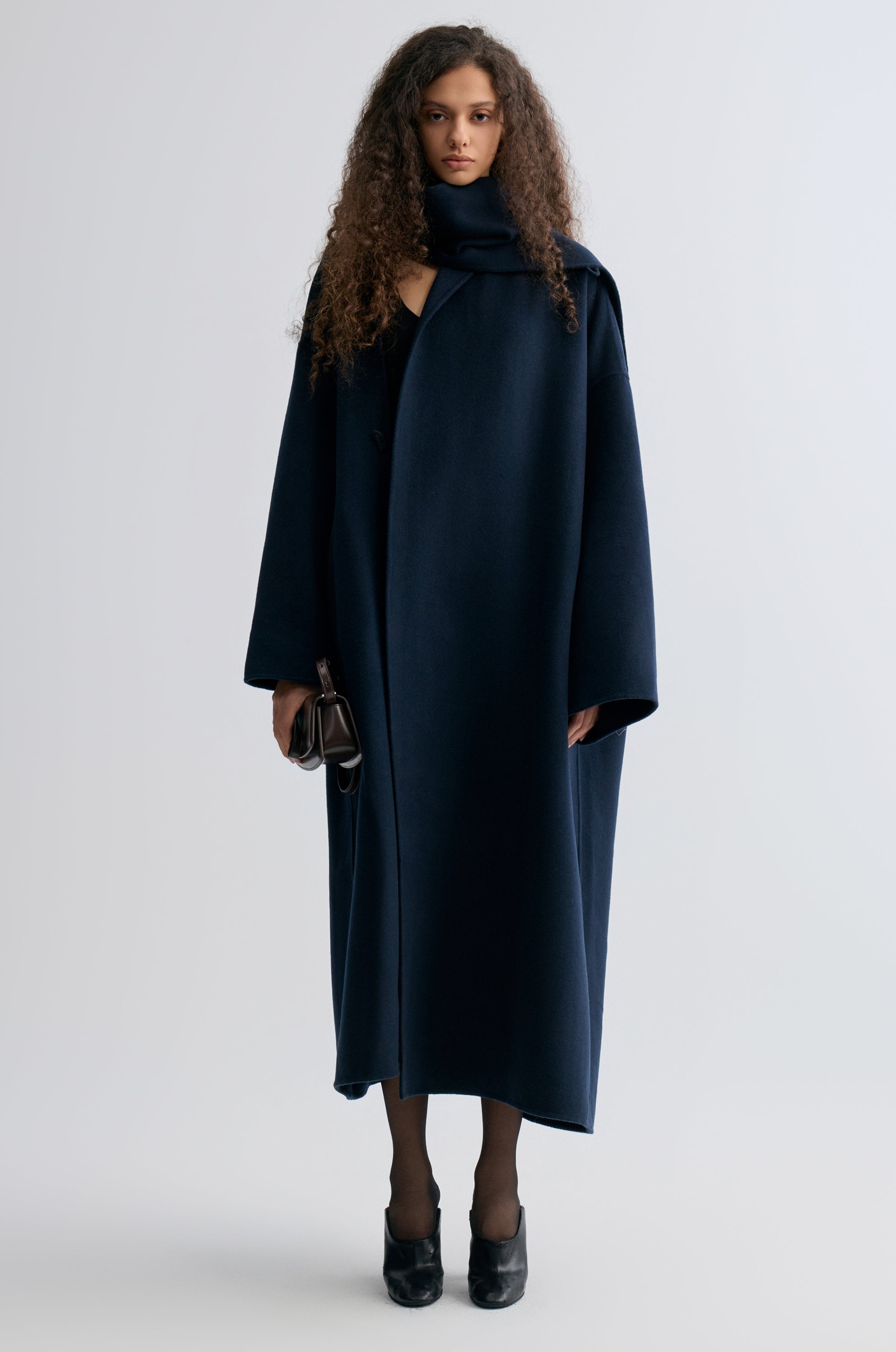 Oversized Double-faced Scarf Coat Navy