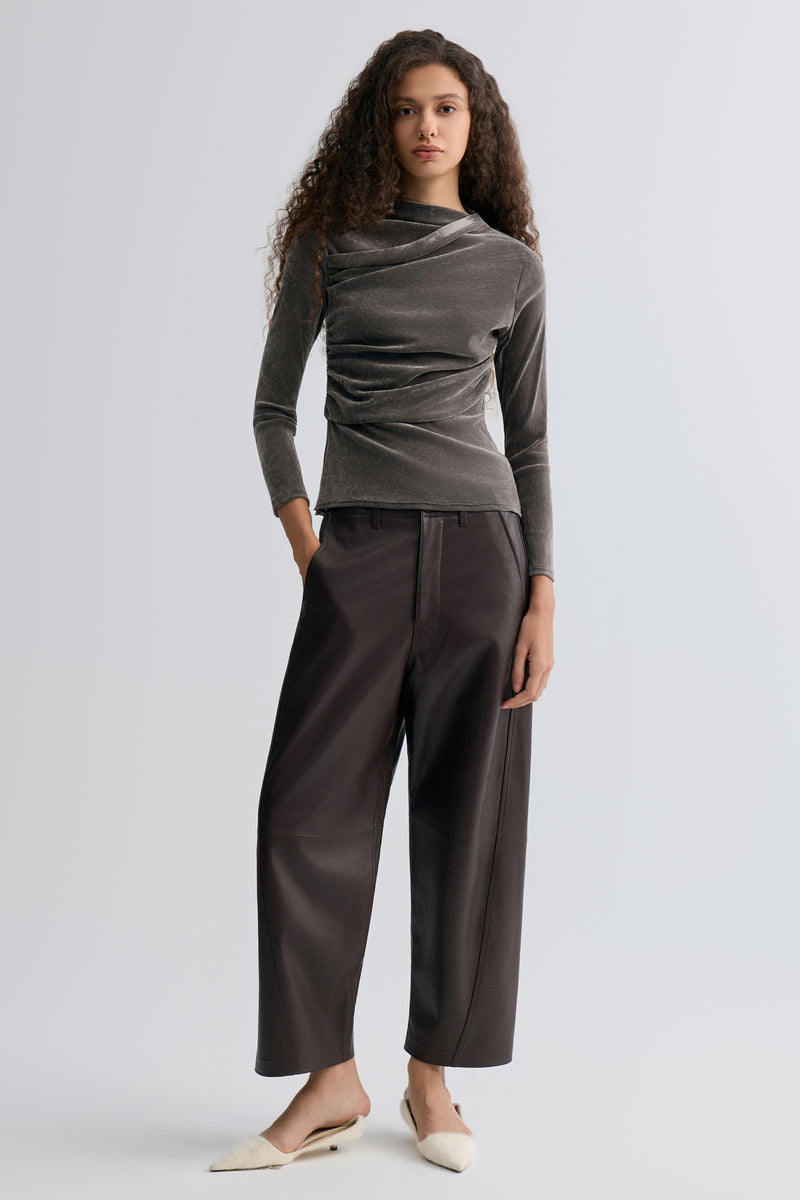 Velvet Mesh Asymmetric Draped Top Faded Grey