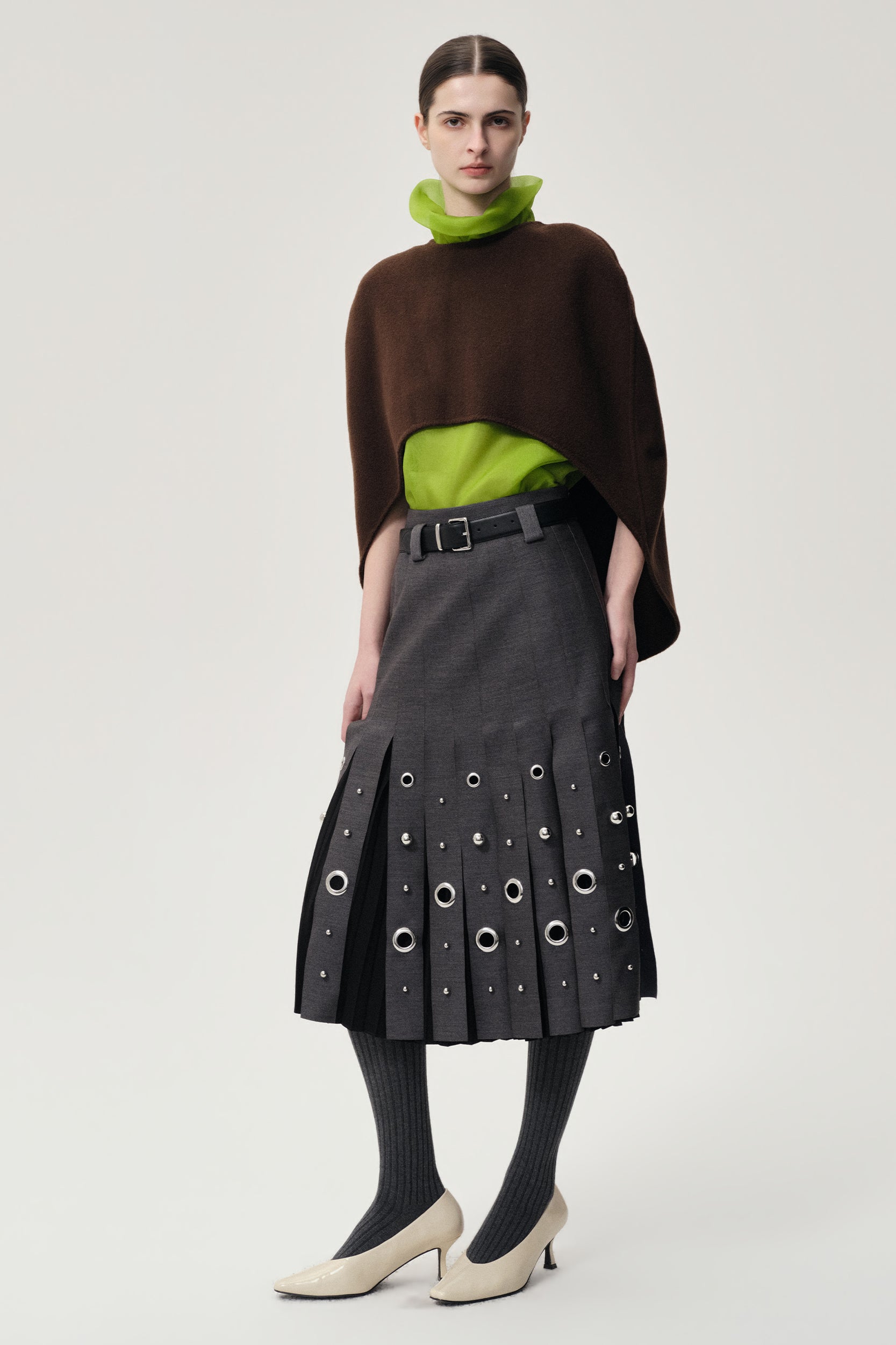 Studded Layered Pleat Skirt Grey Melange