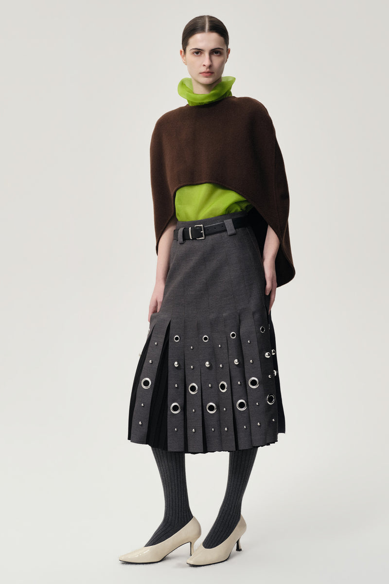 Studded Layered Pleat Skirt Grey Melange