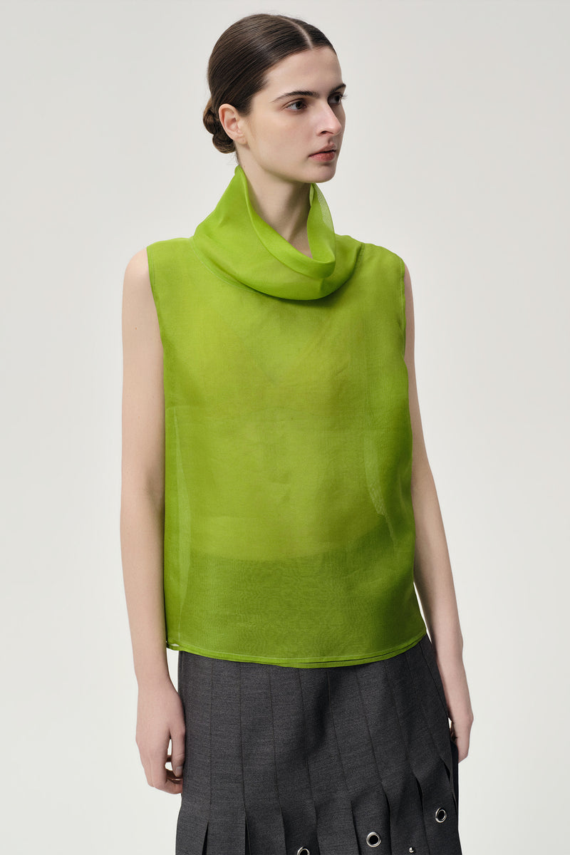 Silk Organza Turtleneck Top Ivy Green