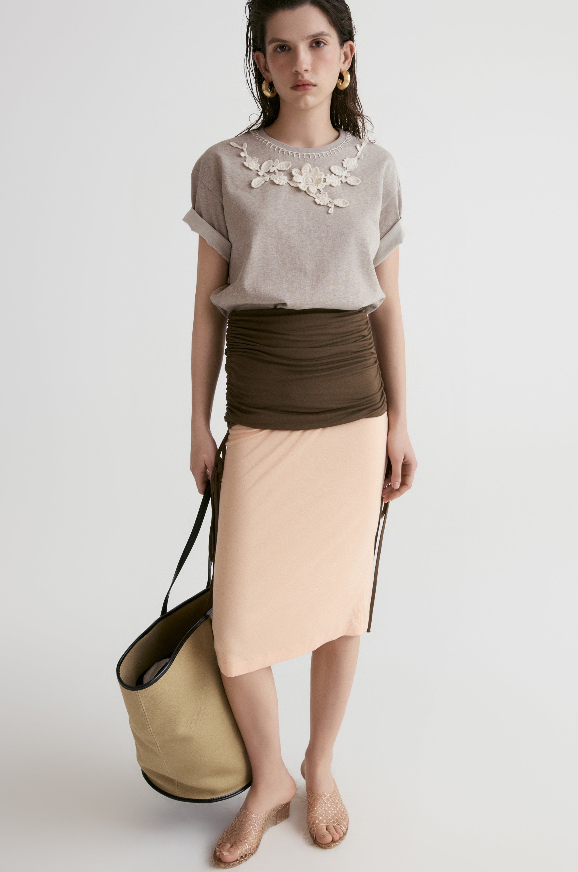 Rib Two-tone Skirt-Peach