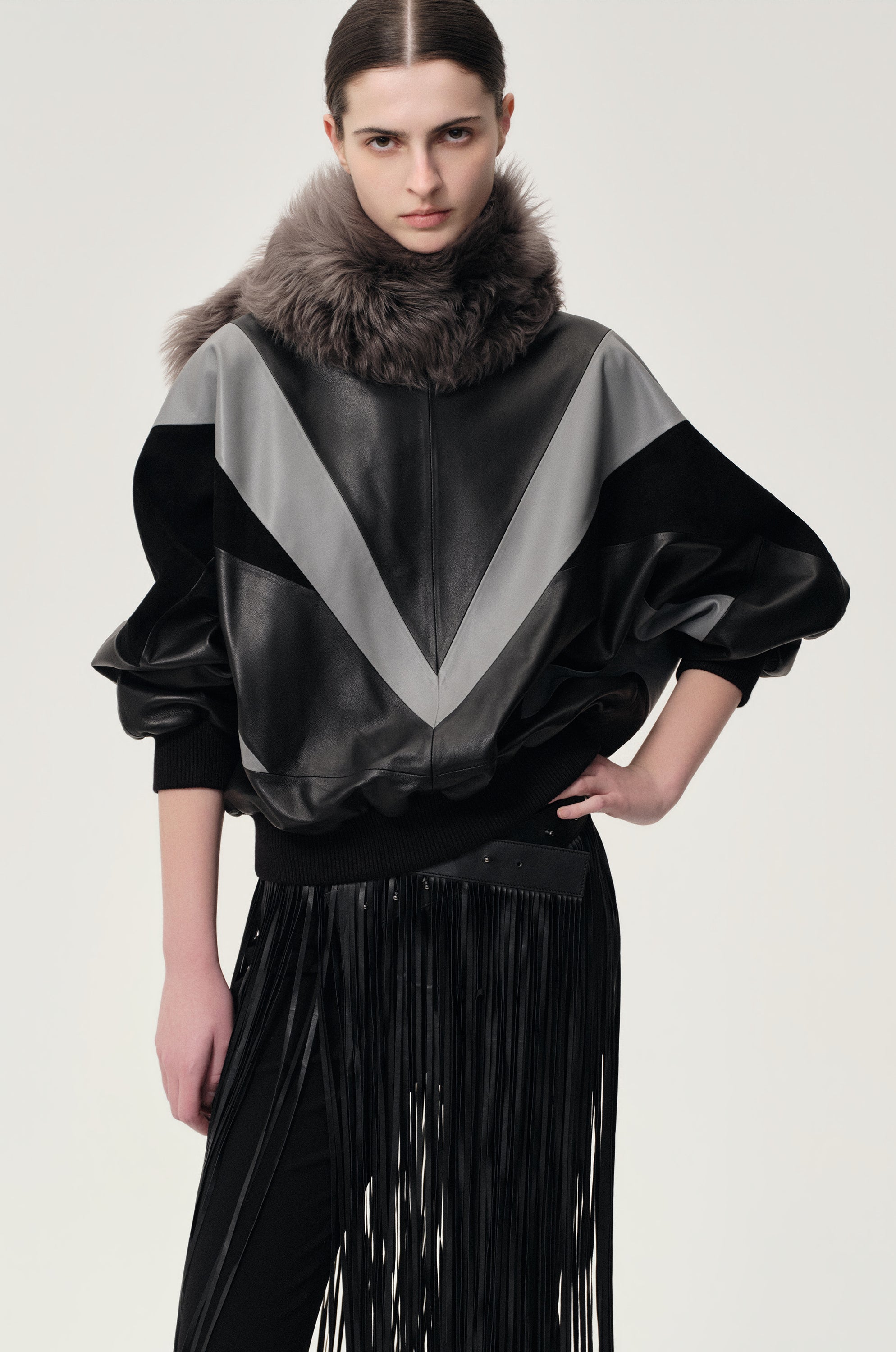 Patchwork Leather Sweater Black/Grey