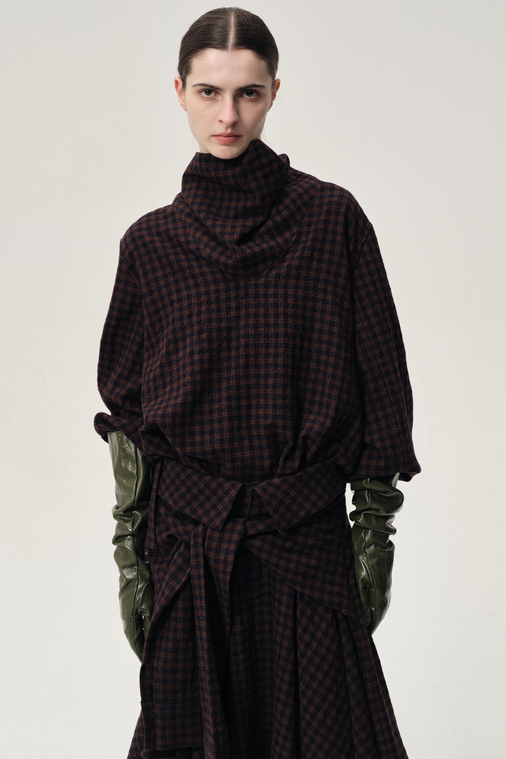 Check Scarf Wool Top Navy/Rum