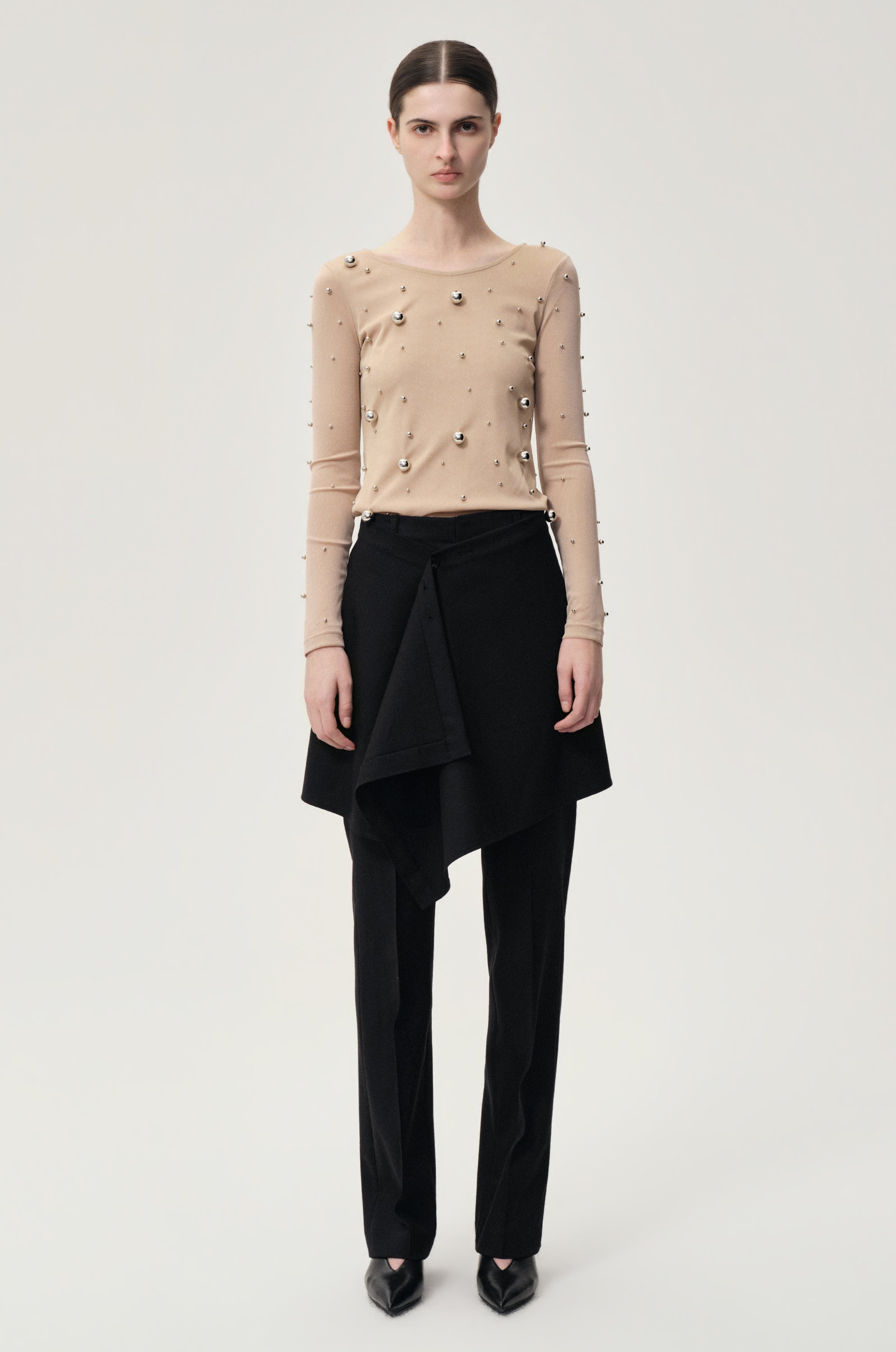 Stud-embellished Mesh Top Nude