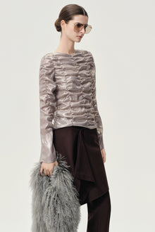 Metallic Silk Elastic Gathered Blouse Silver