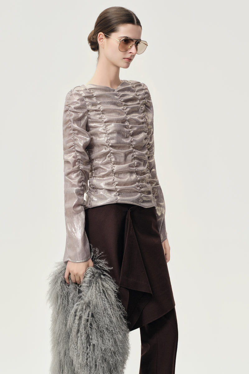 Metallic Silk Elastic Gathered Blouse Silver