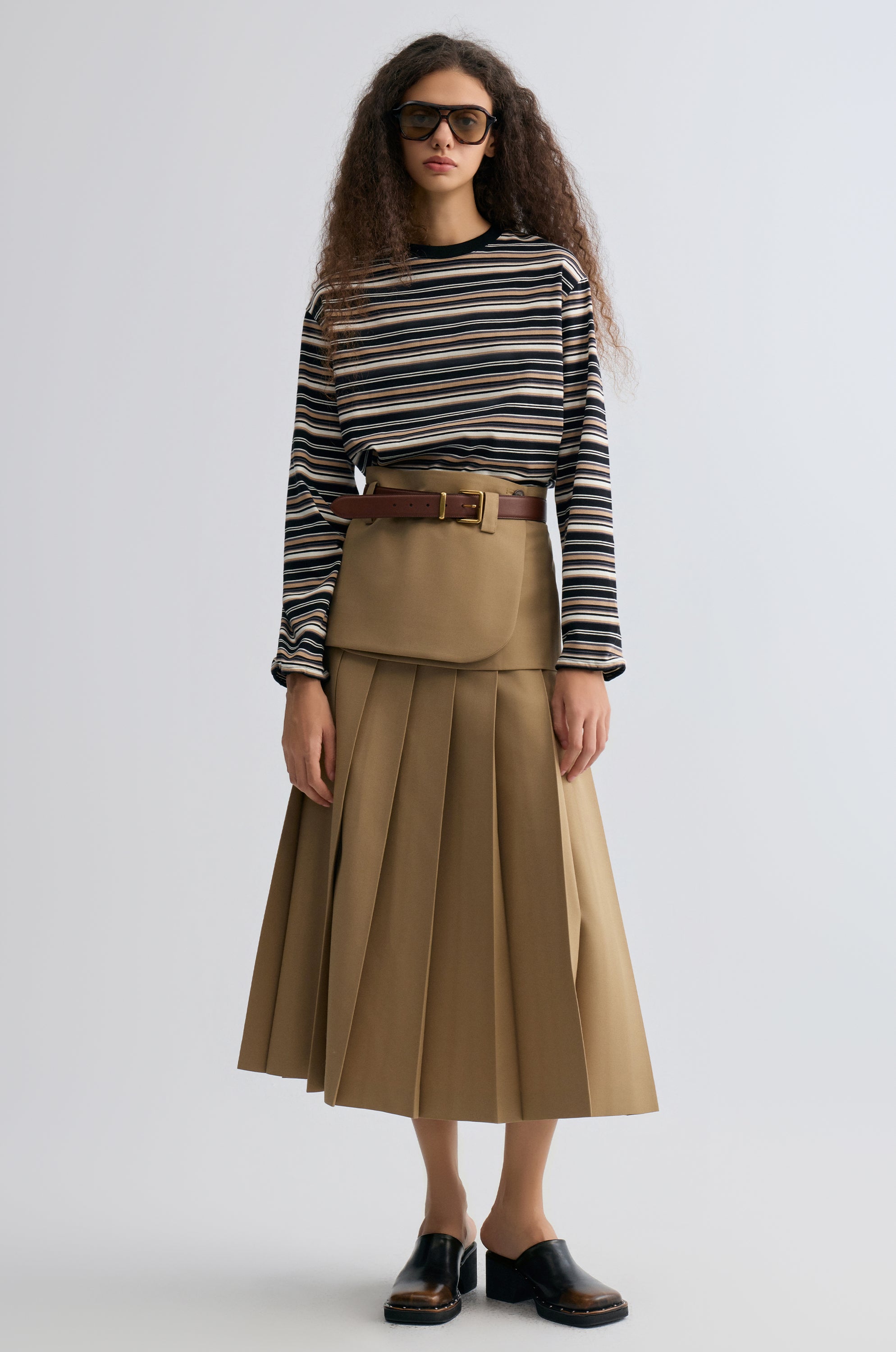 Double-layered Pleated Gabardine Skirt Camel