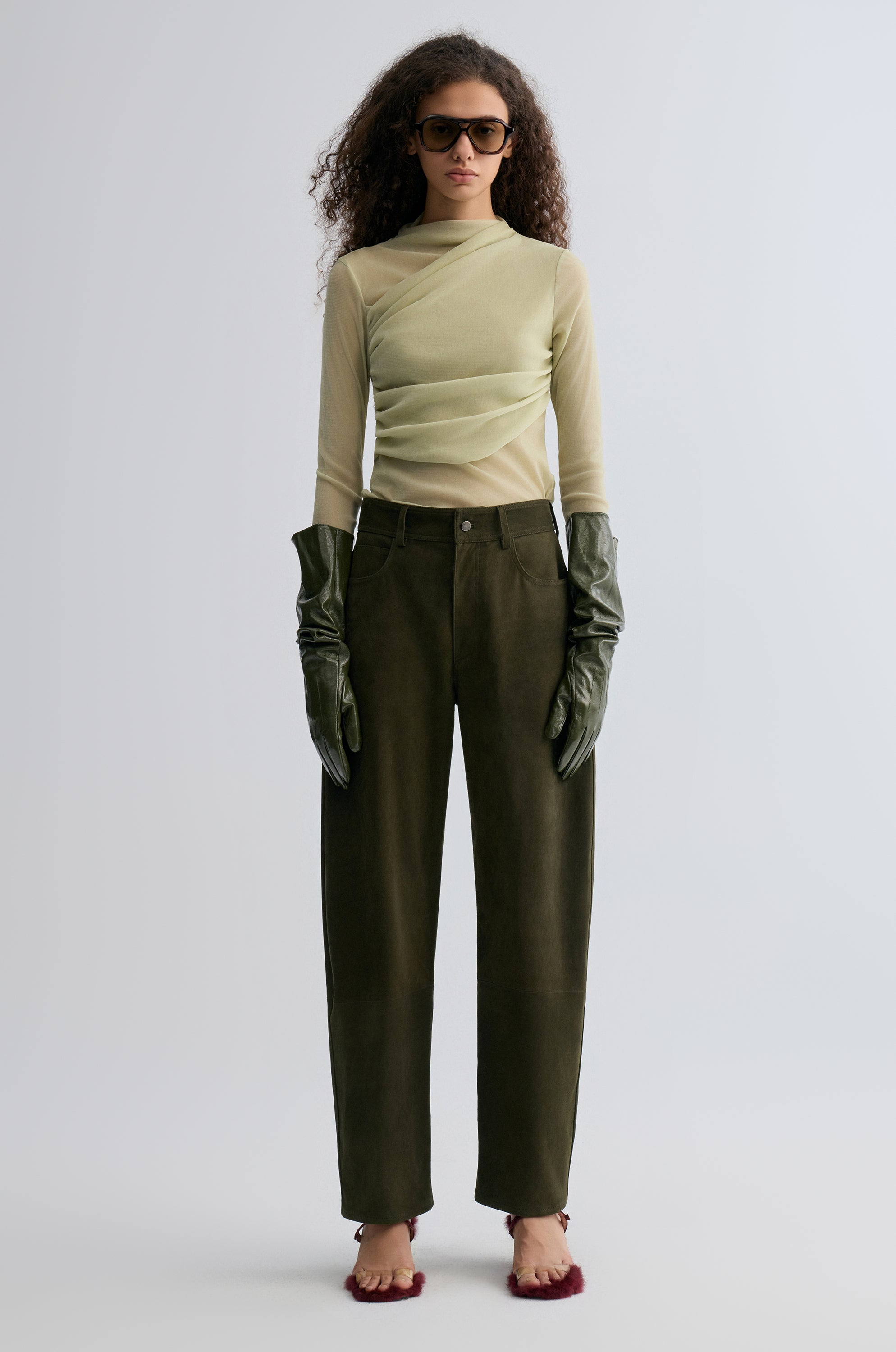 Velvet Mesh Asymmetric Draped Top Lime
