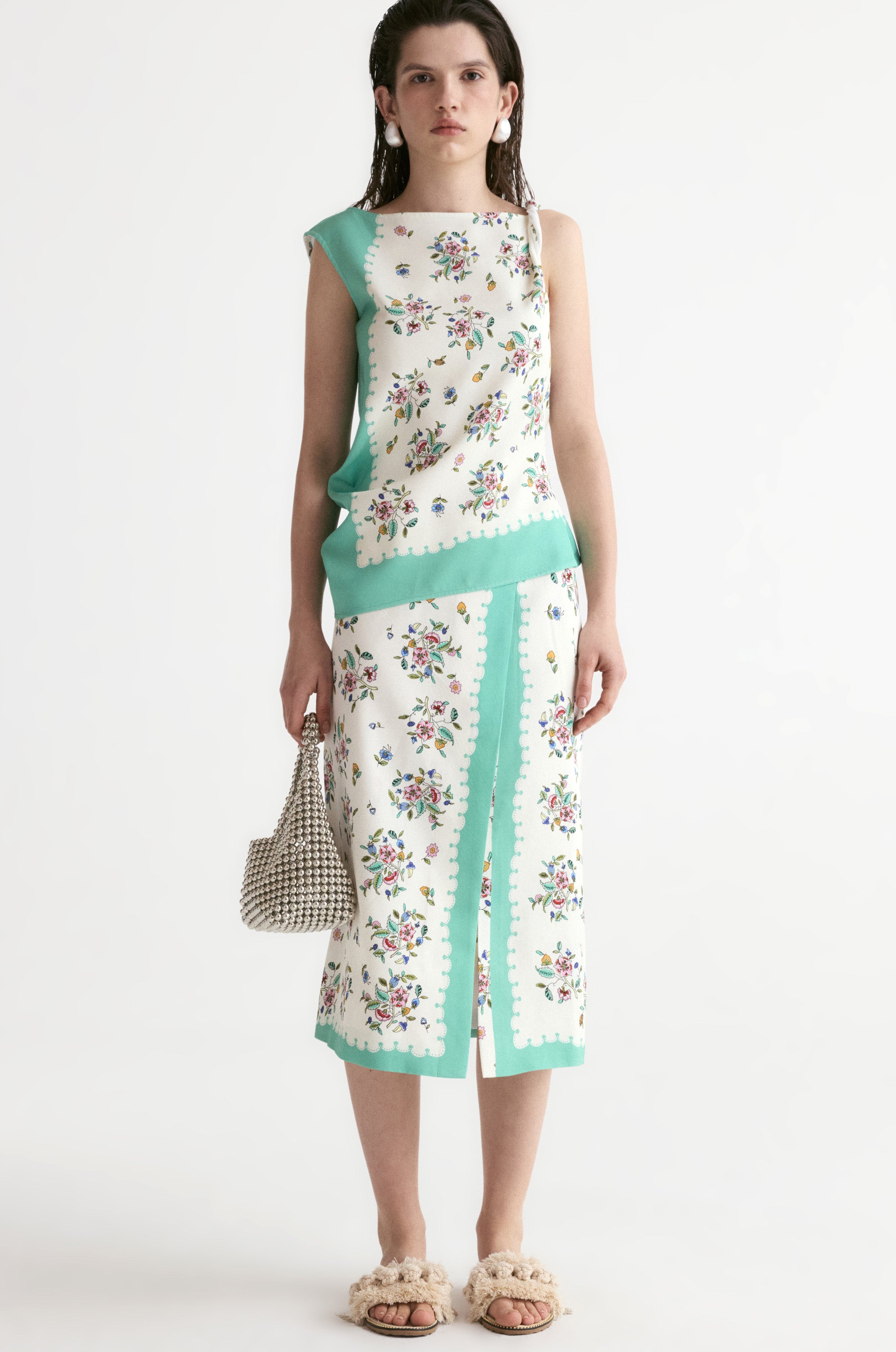 Scarf-print Front Slit Midi Skirt