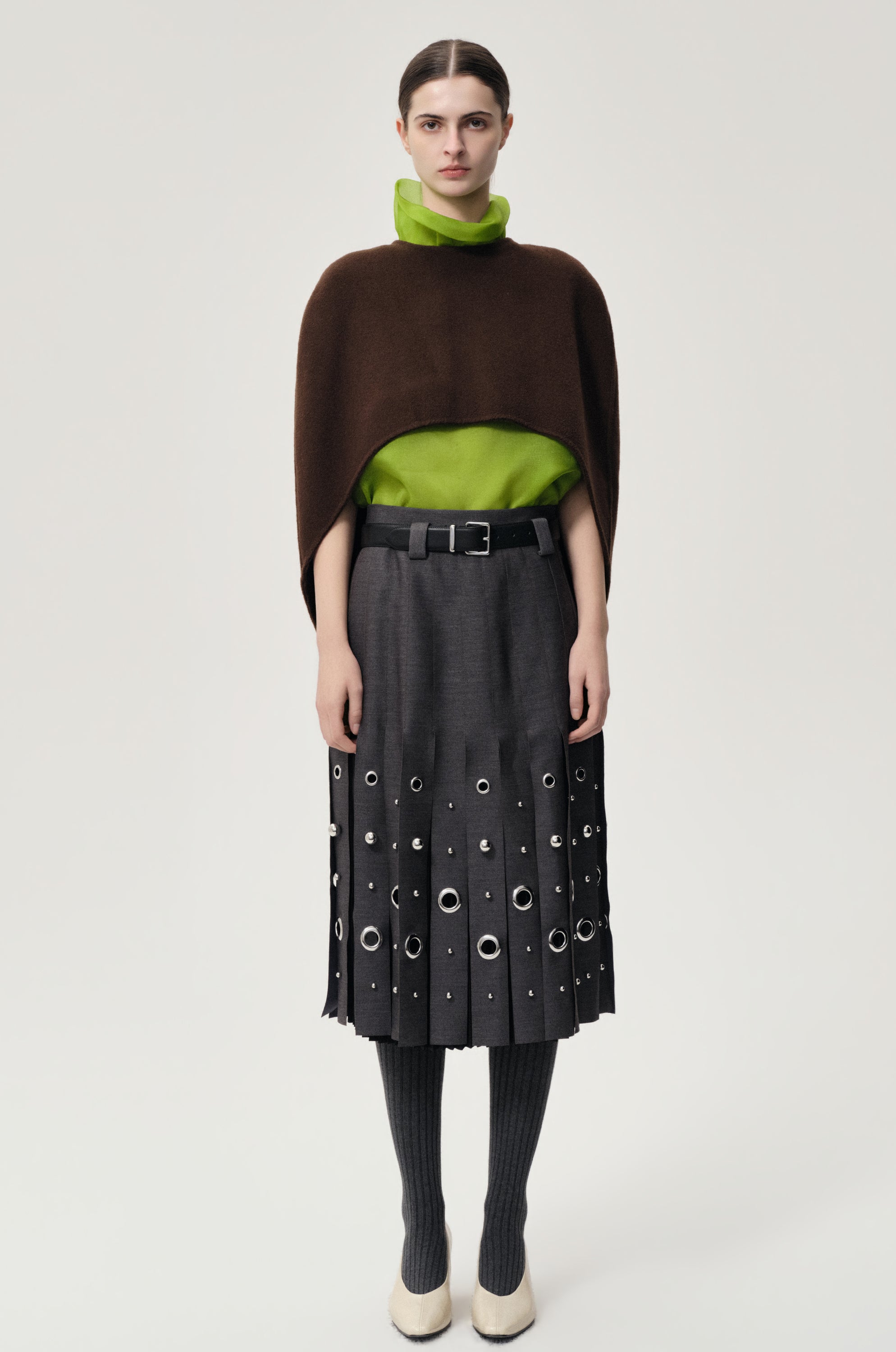 Studded Layered Pleat Skirt Grey Melange