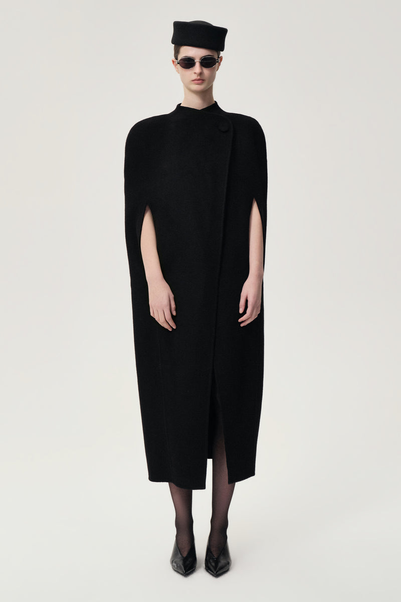 Double-faced Sculptural Wool Cape Coat Black