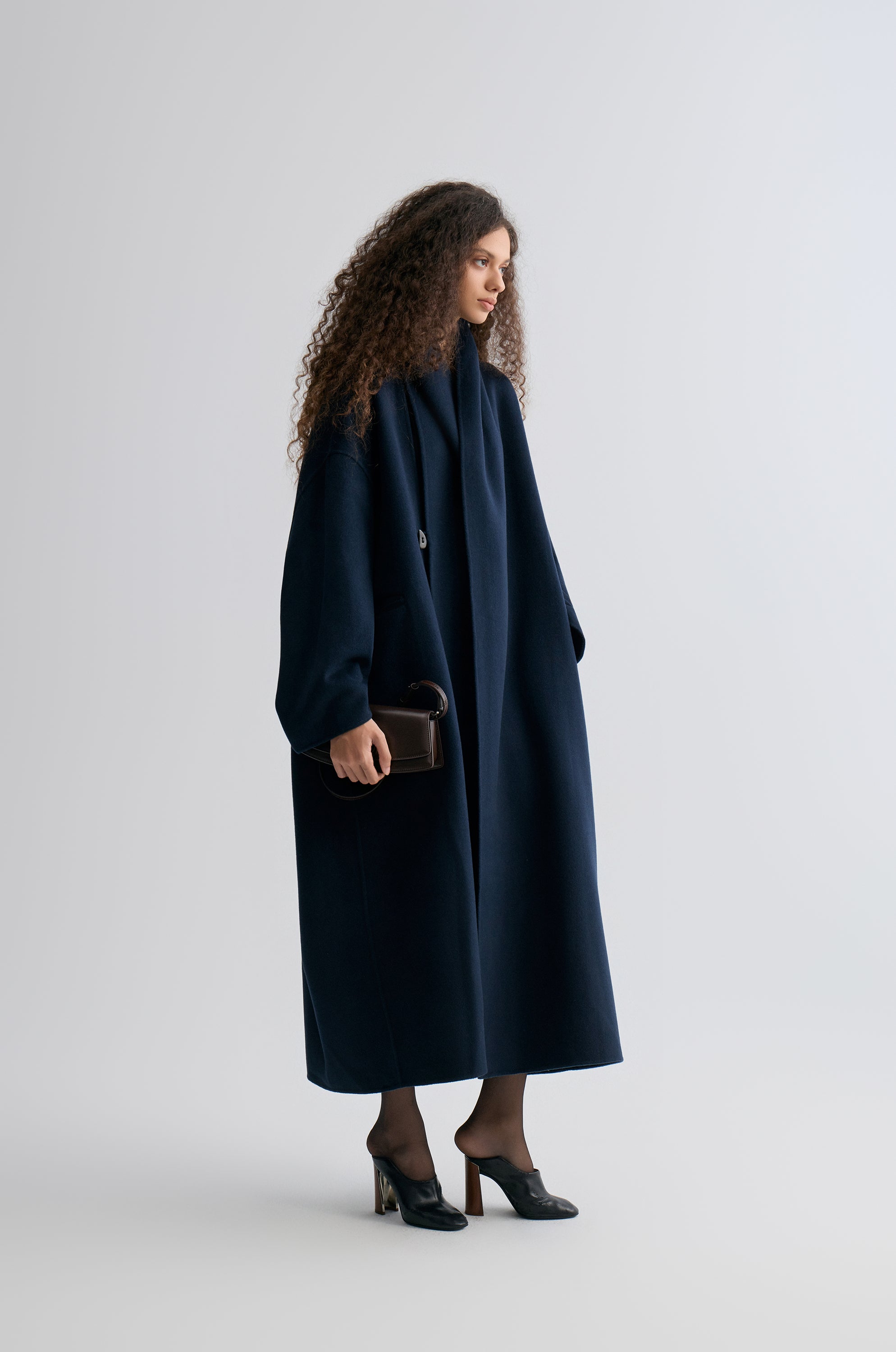 Oversized Double-faced Scarf Coat Navy