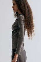 Velvet Mesh Asymmetric Draped Top Faded Grey