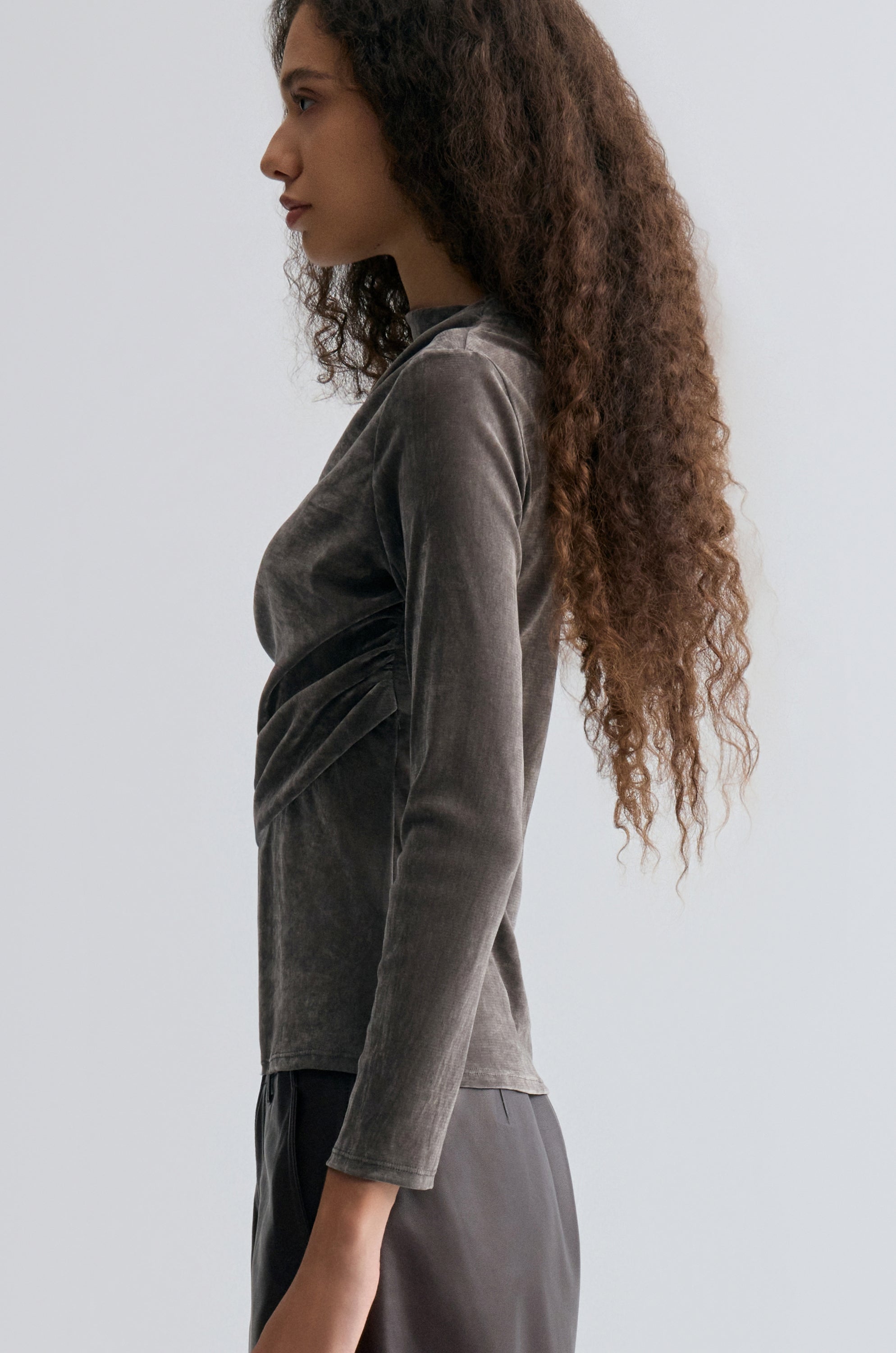 Velvet Mesh Asymmetric Draped Top Faded Grey