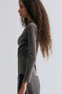 Velvet Mesh Asymmetric Draped Top Faded Grey
