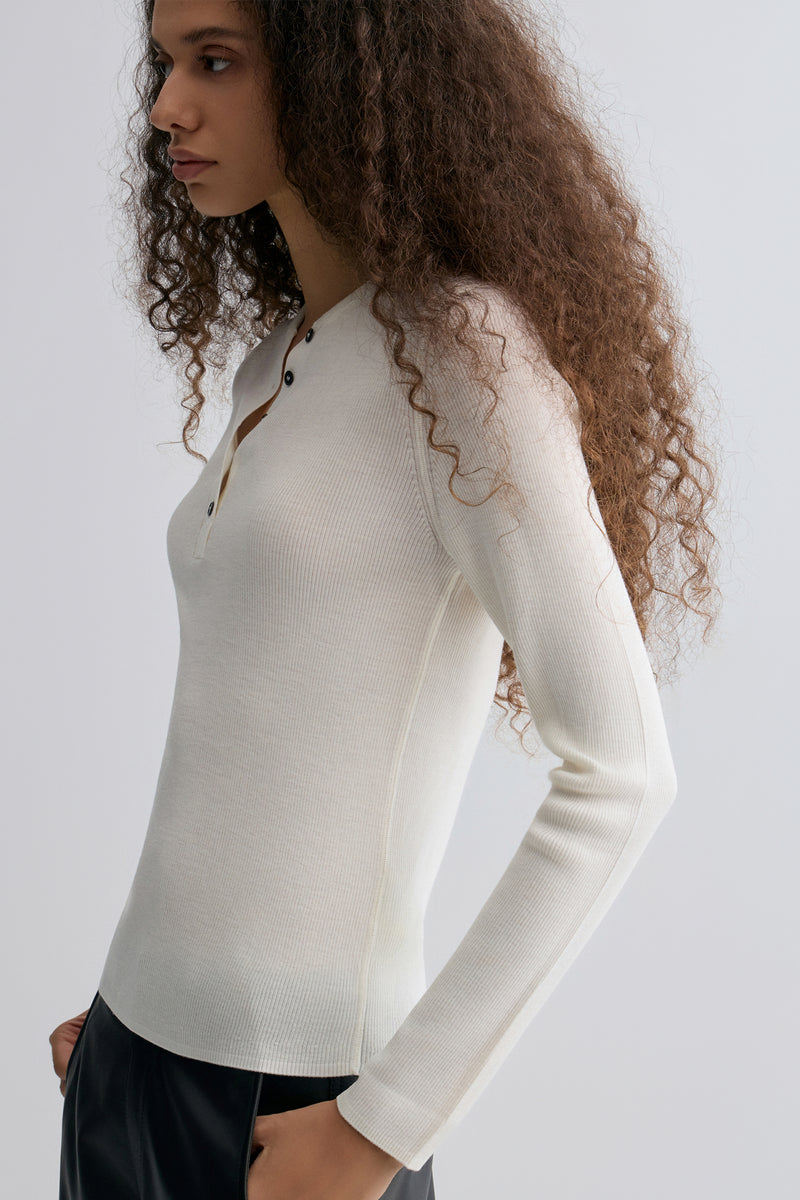 Superfine Merino Wool Knit Henley Off- white