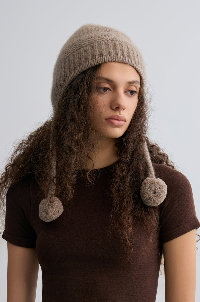 Cashmere Earflap Beanie Taupe Melange