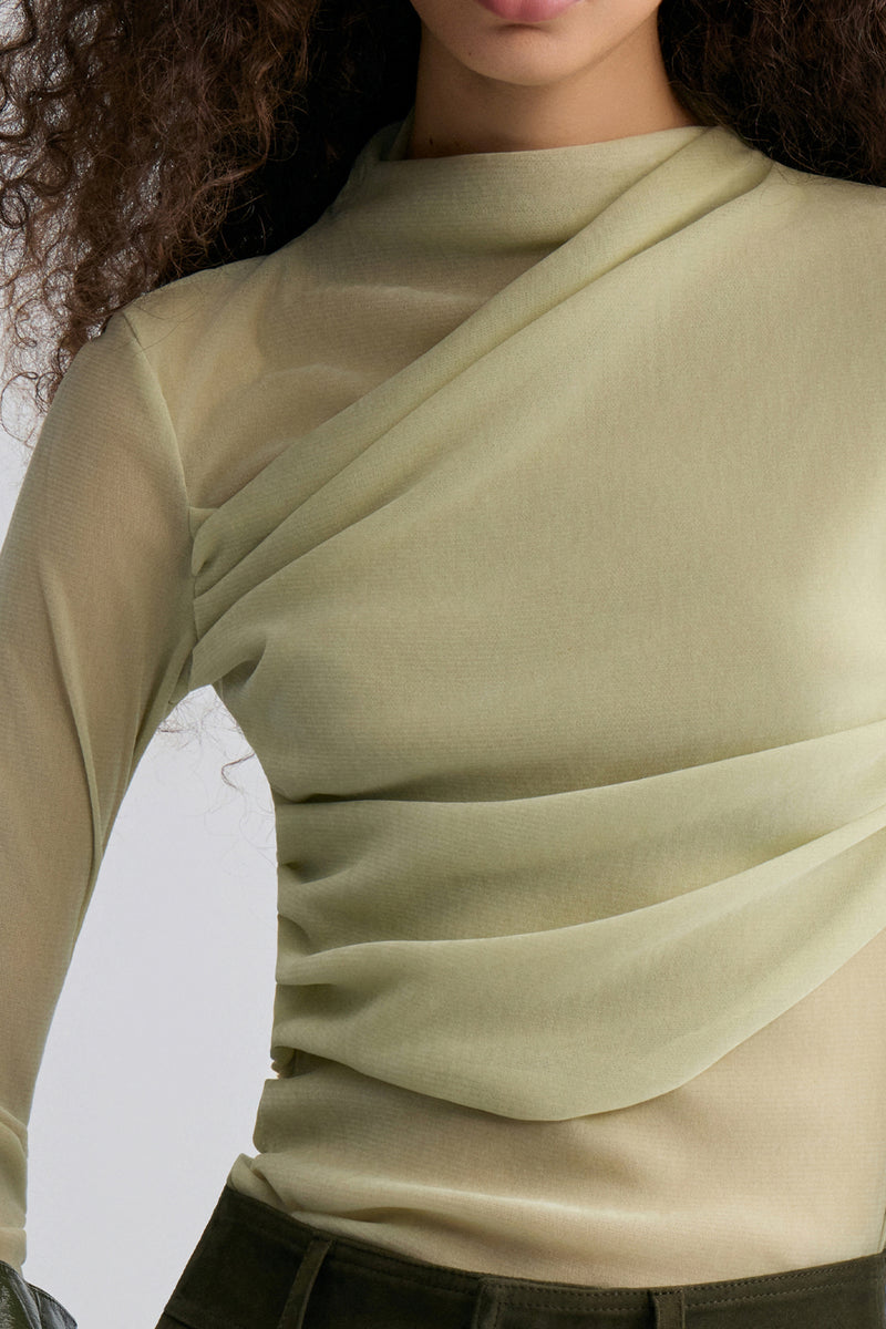 Velvet Mesh Asymmetric Draped Top Lime