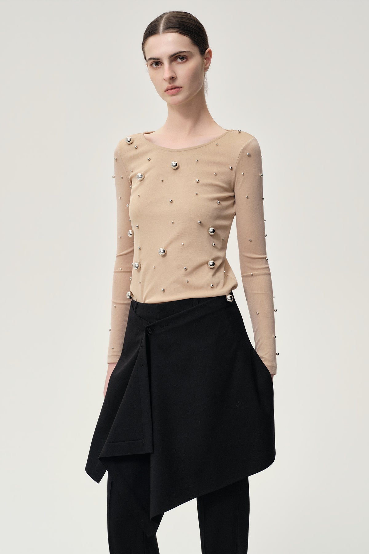 Stud-embellished Mesh Top Nude