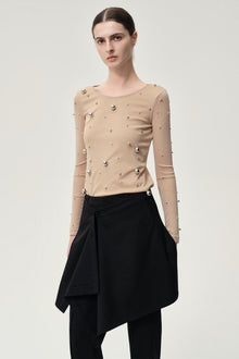 Stud-embellished Mesh Top Nude