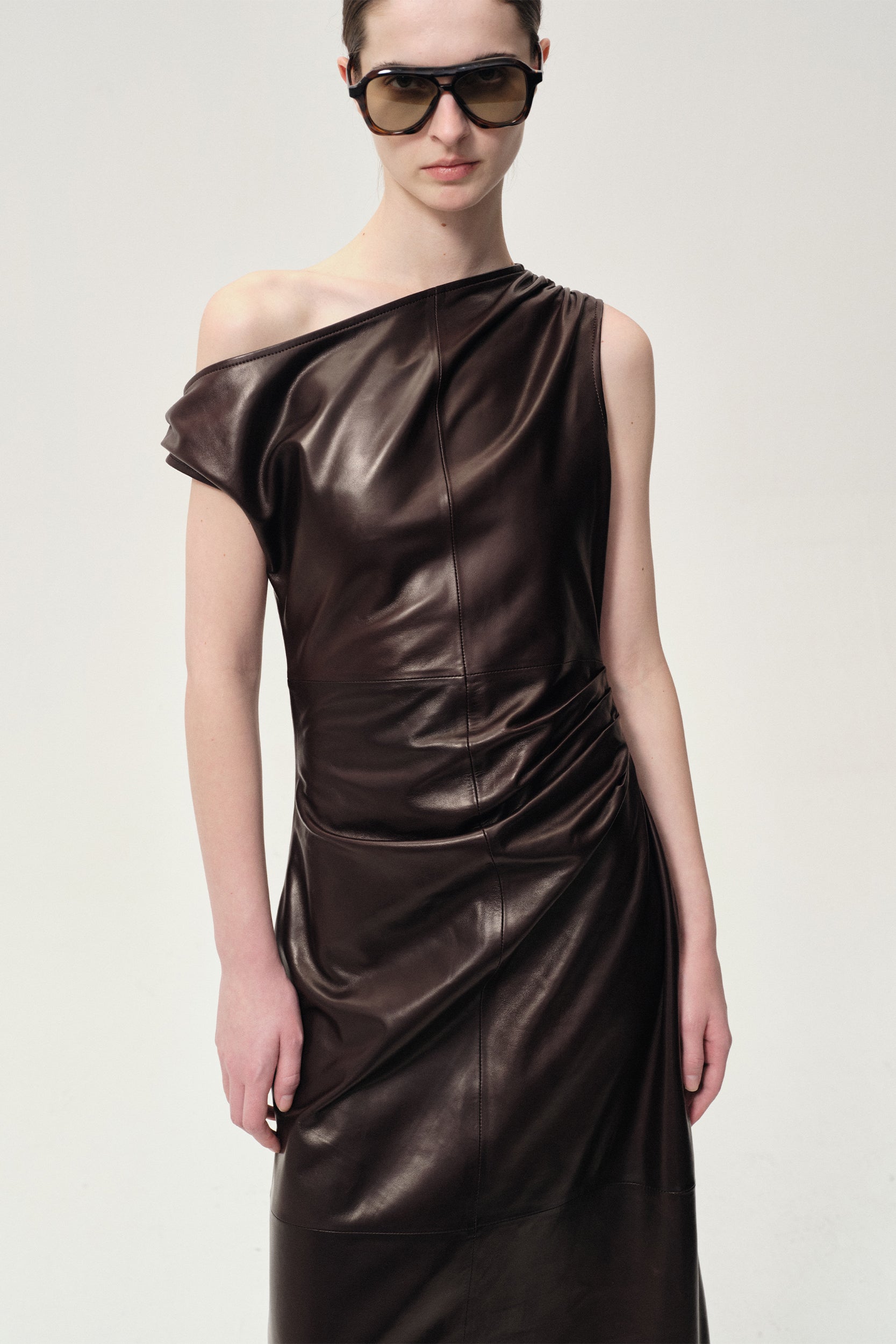 One-shoulder Draped Lambskin Dress Rum