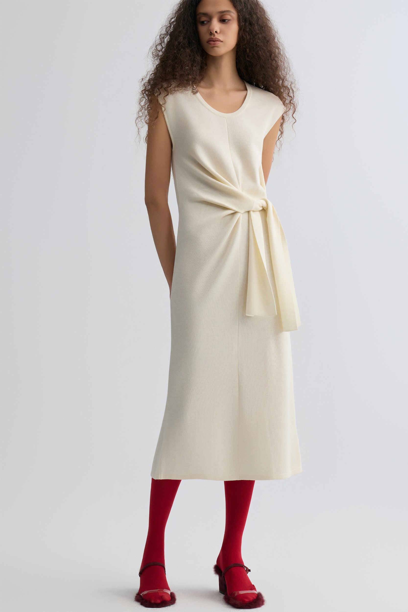 Knot-detail Knitted dress in Merino Wool Cream