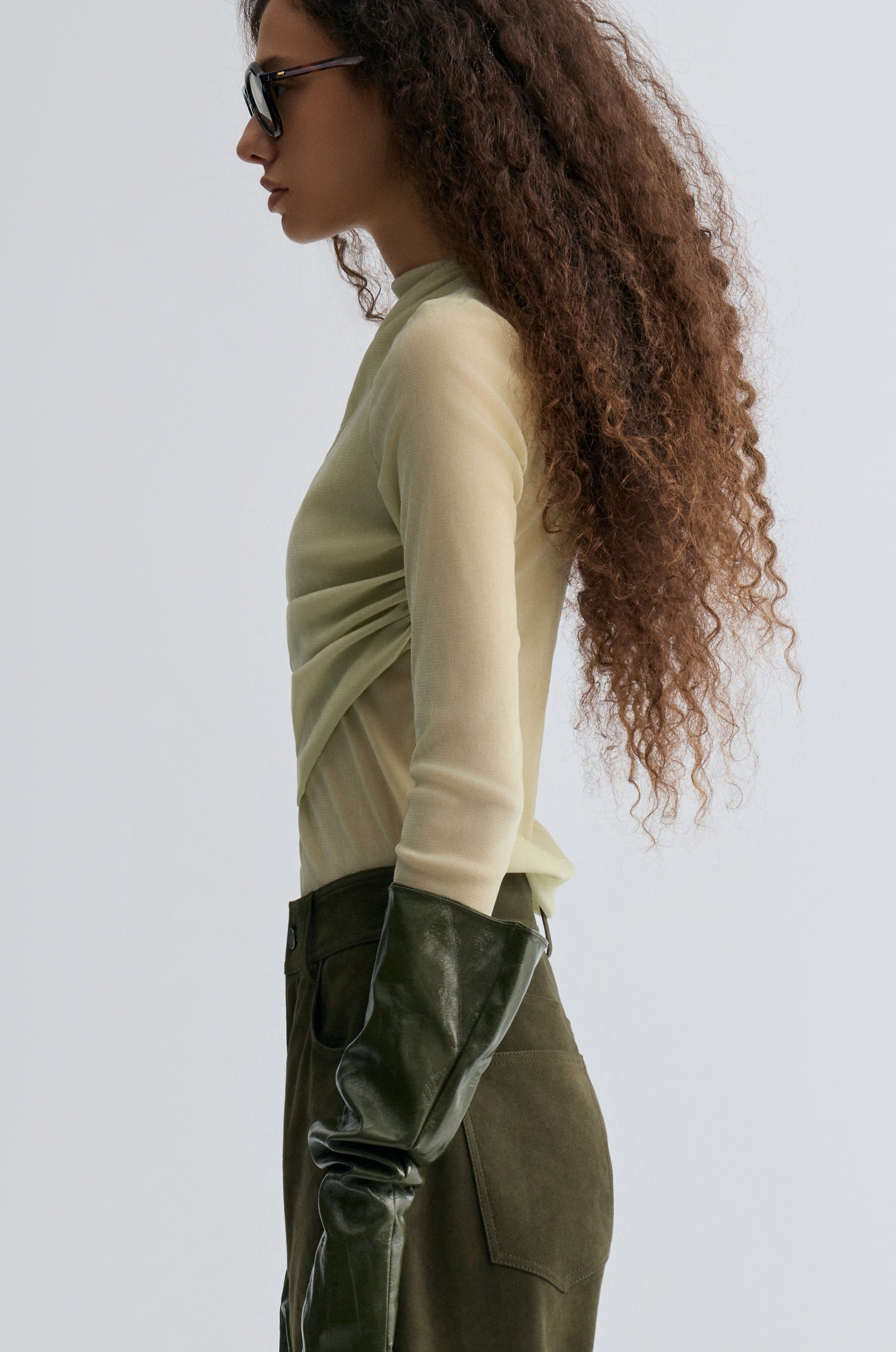 Velvet Mesh Asymmetric Draped Top Lime