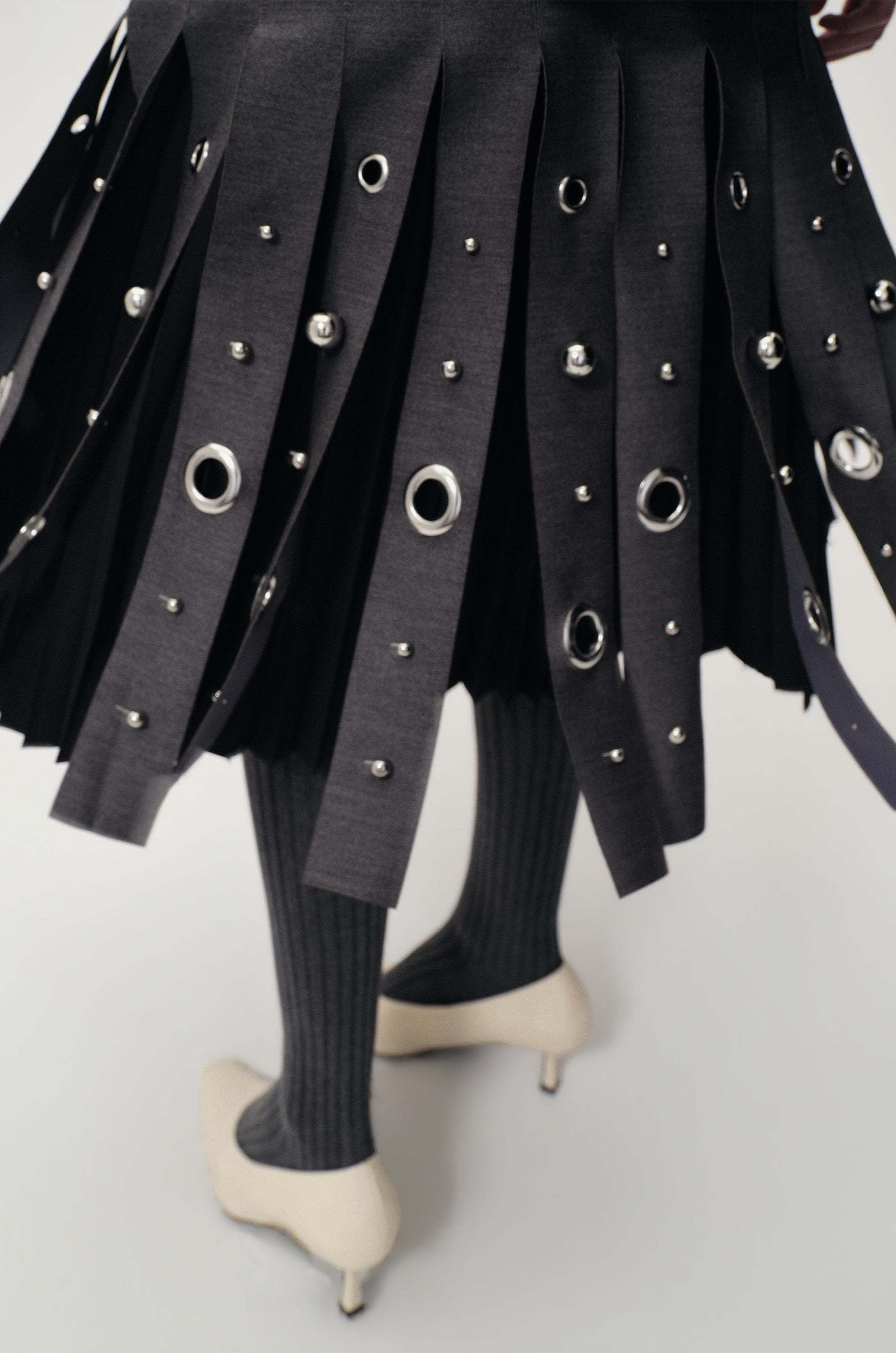 Studded Layered Pleat Skirt Grey Melange