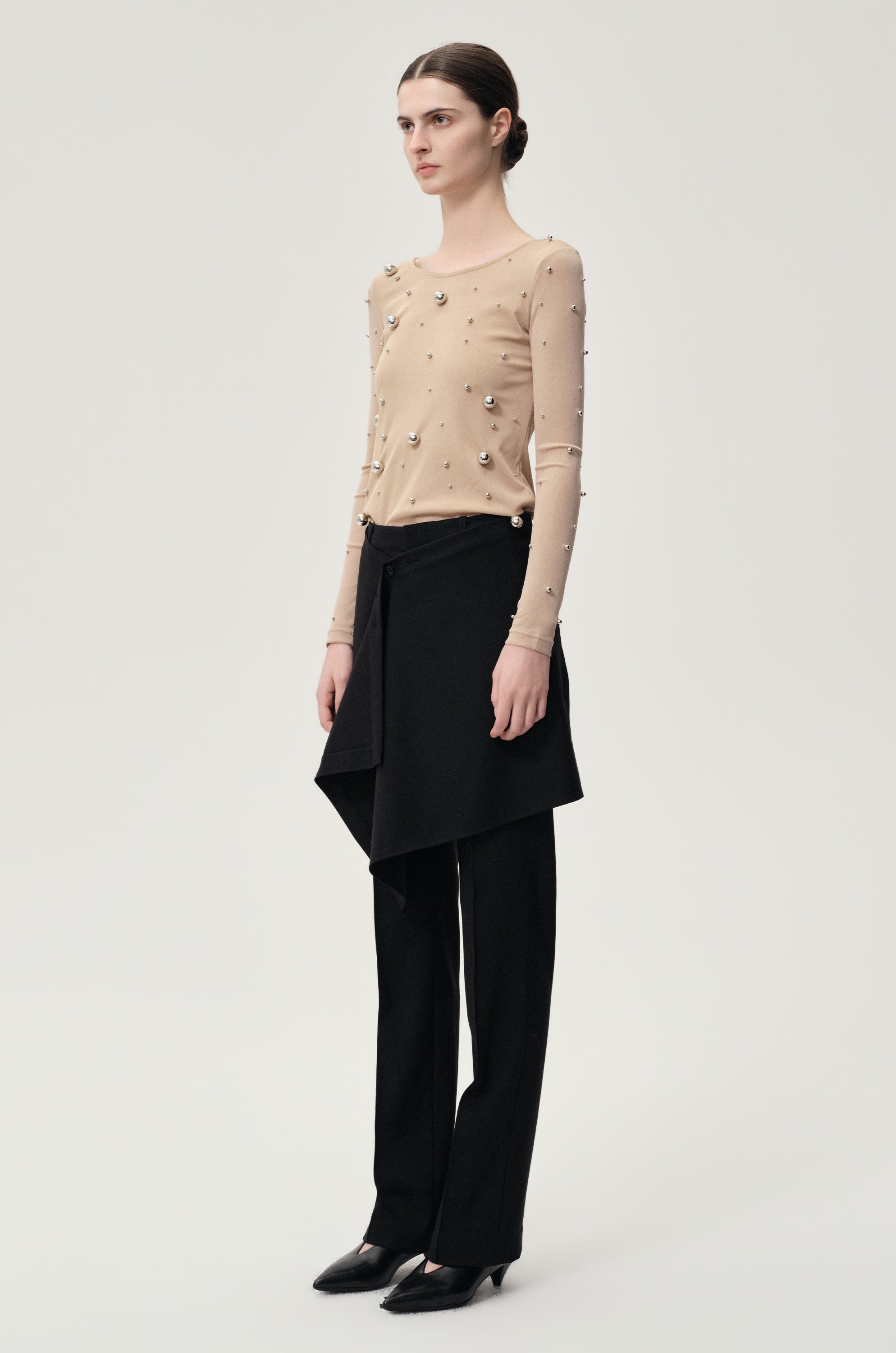 Stud-embellished Mesh Top Nude