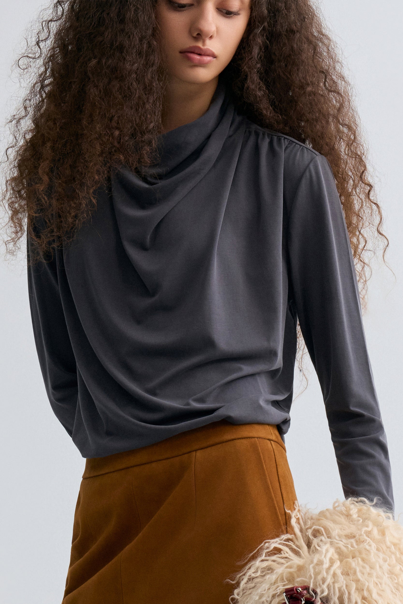 Cowl Jersey Top Heather Grey