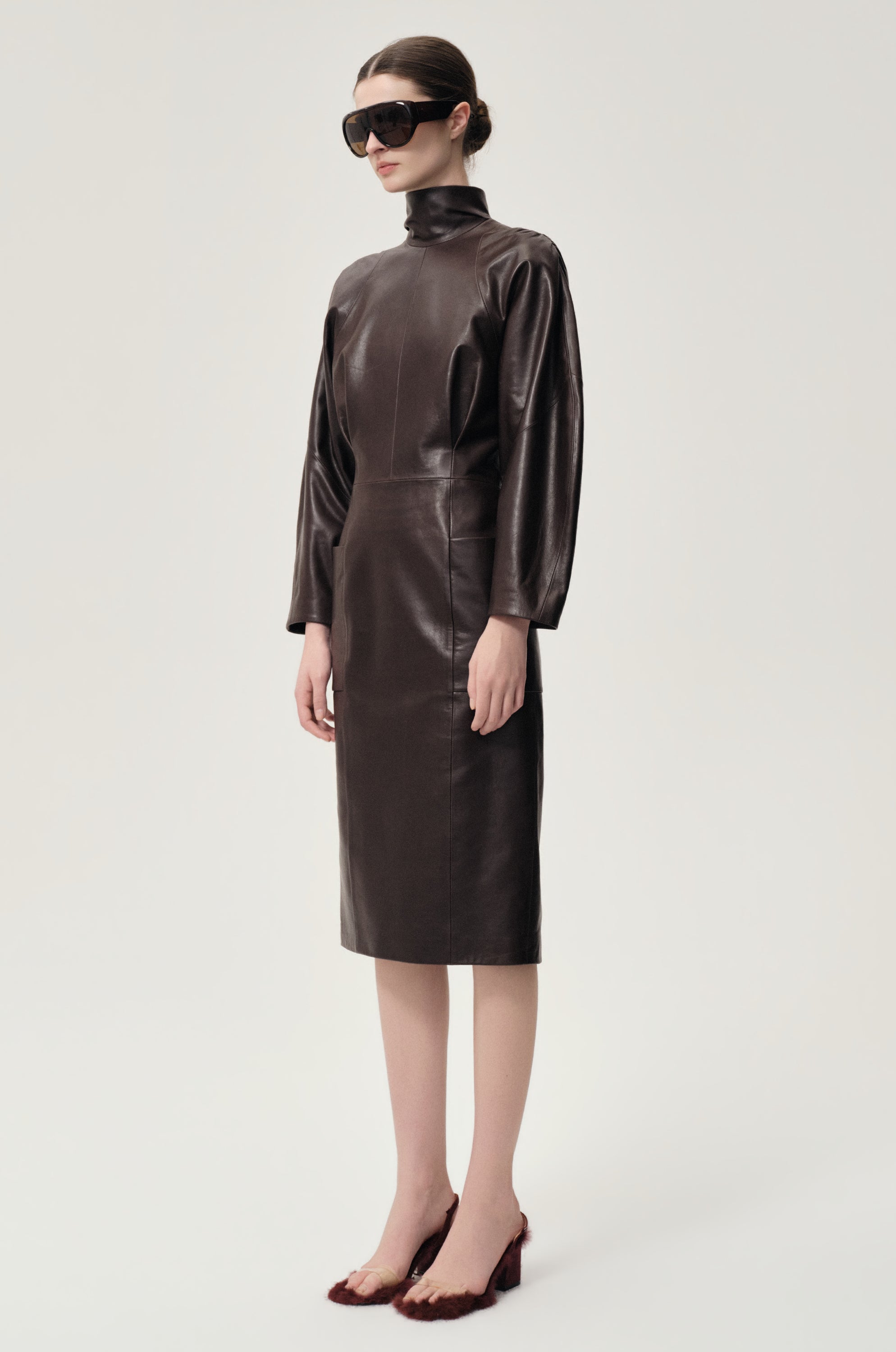 Sculptural Leather Dress Dark Brown