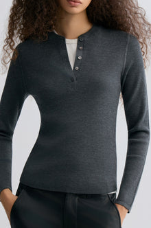 Superfine Merino Wool Knit Henley Grey Melange
