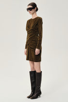 Draped Velvet Mesh  Asymmetric Dress Olive