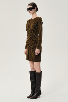 Draped Velvet Mesh  Asymmetric Dress Olive