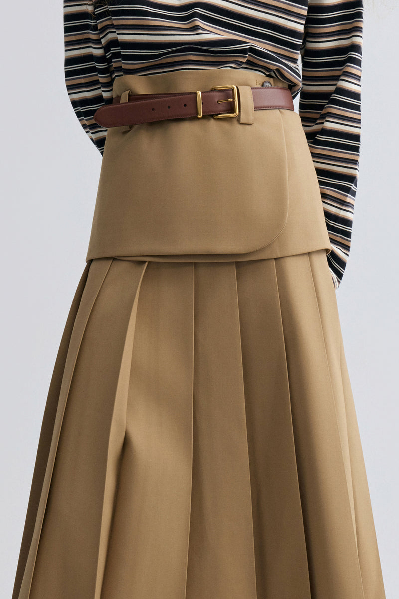 Double-layered Pleated Gabardine Skirt Camel
