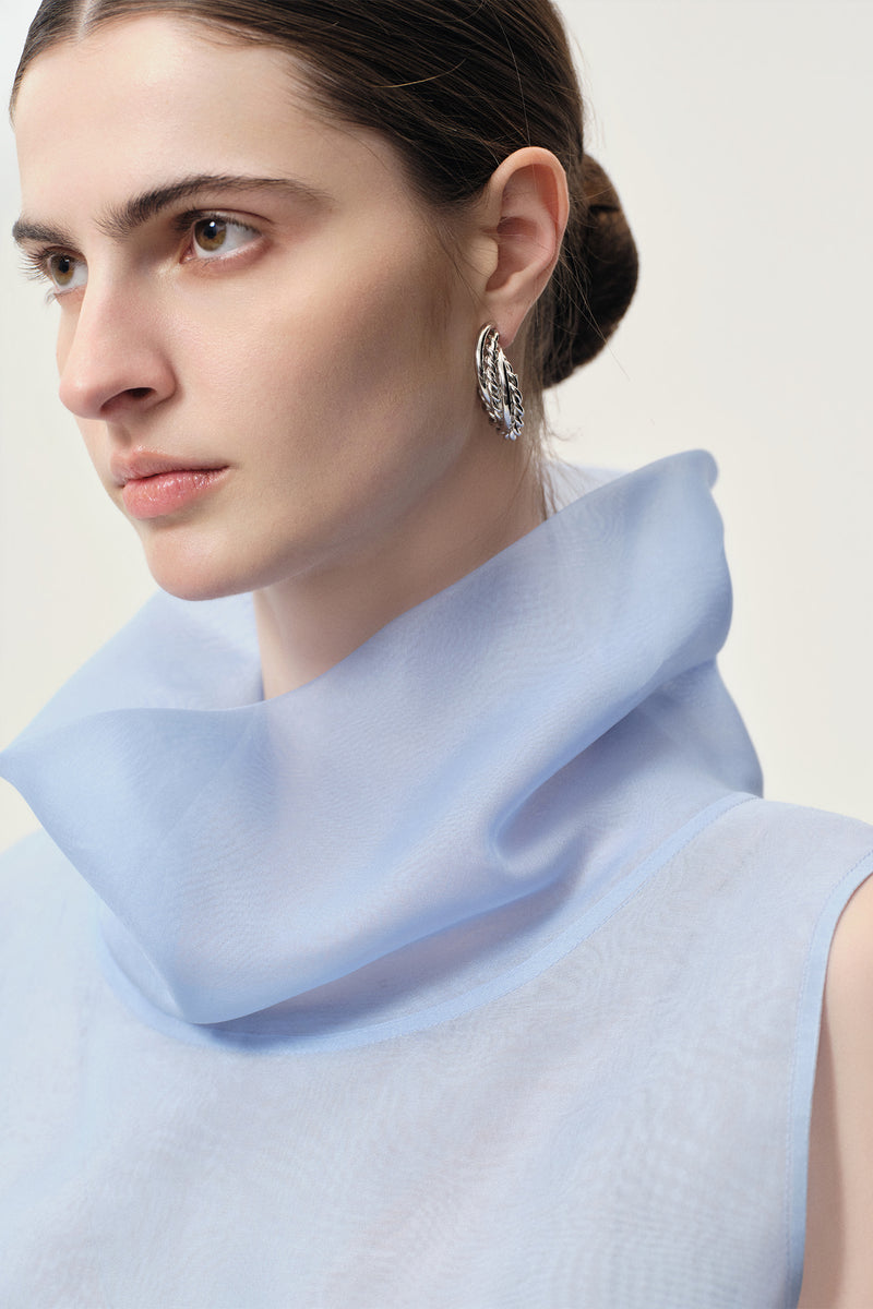 Silk Organza Turtleneck Top Light Blue