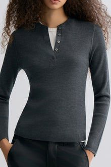 Superfine Merino Wool Knit Henley Grey Melange