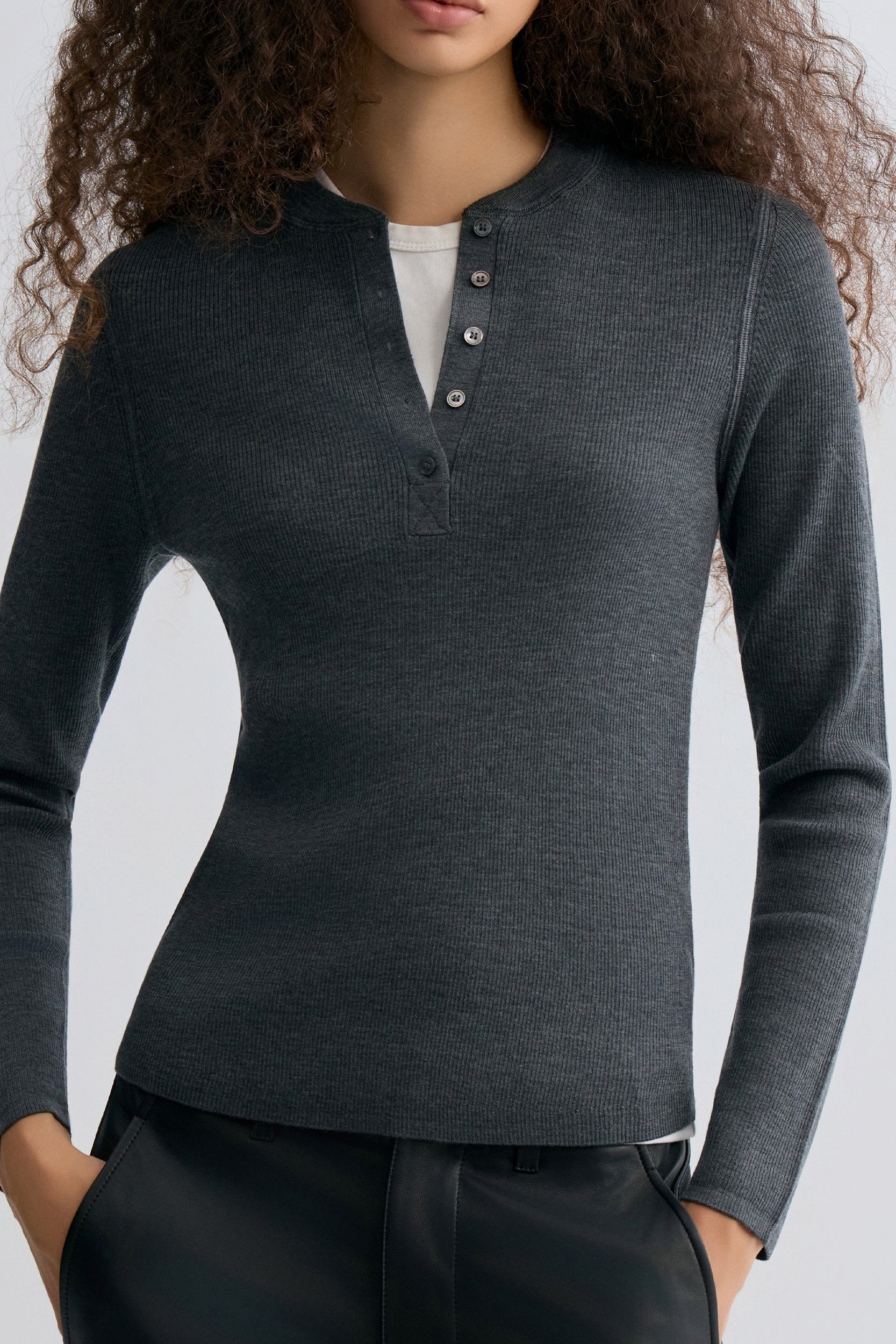 Superfine Merino Wool Knit Henley Grey Melange