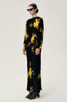 Floral Printed Velvet Skirt in Silk and Viscose Black