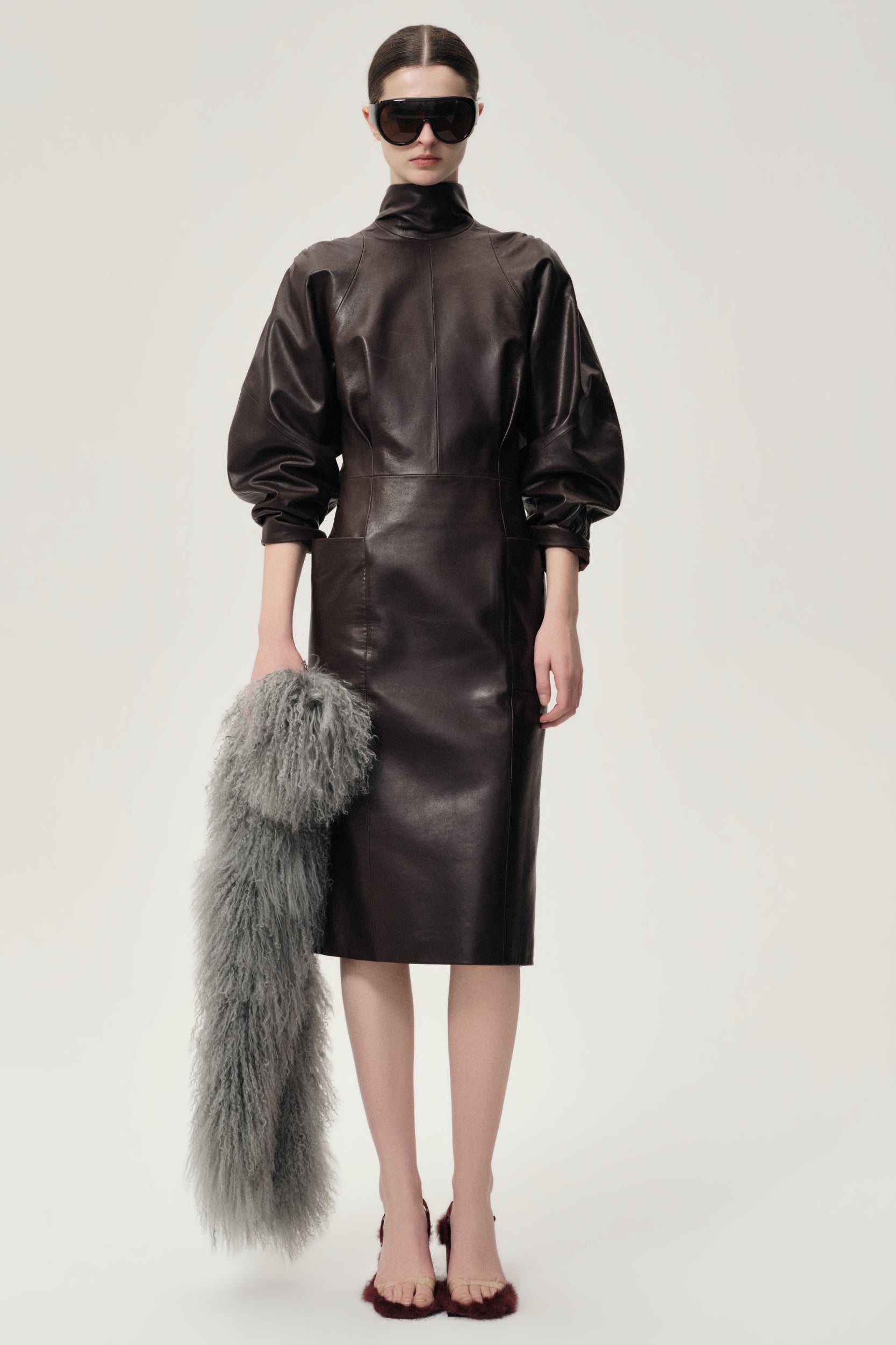 Sculptural Leather Dress Dark Brown
