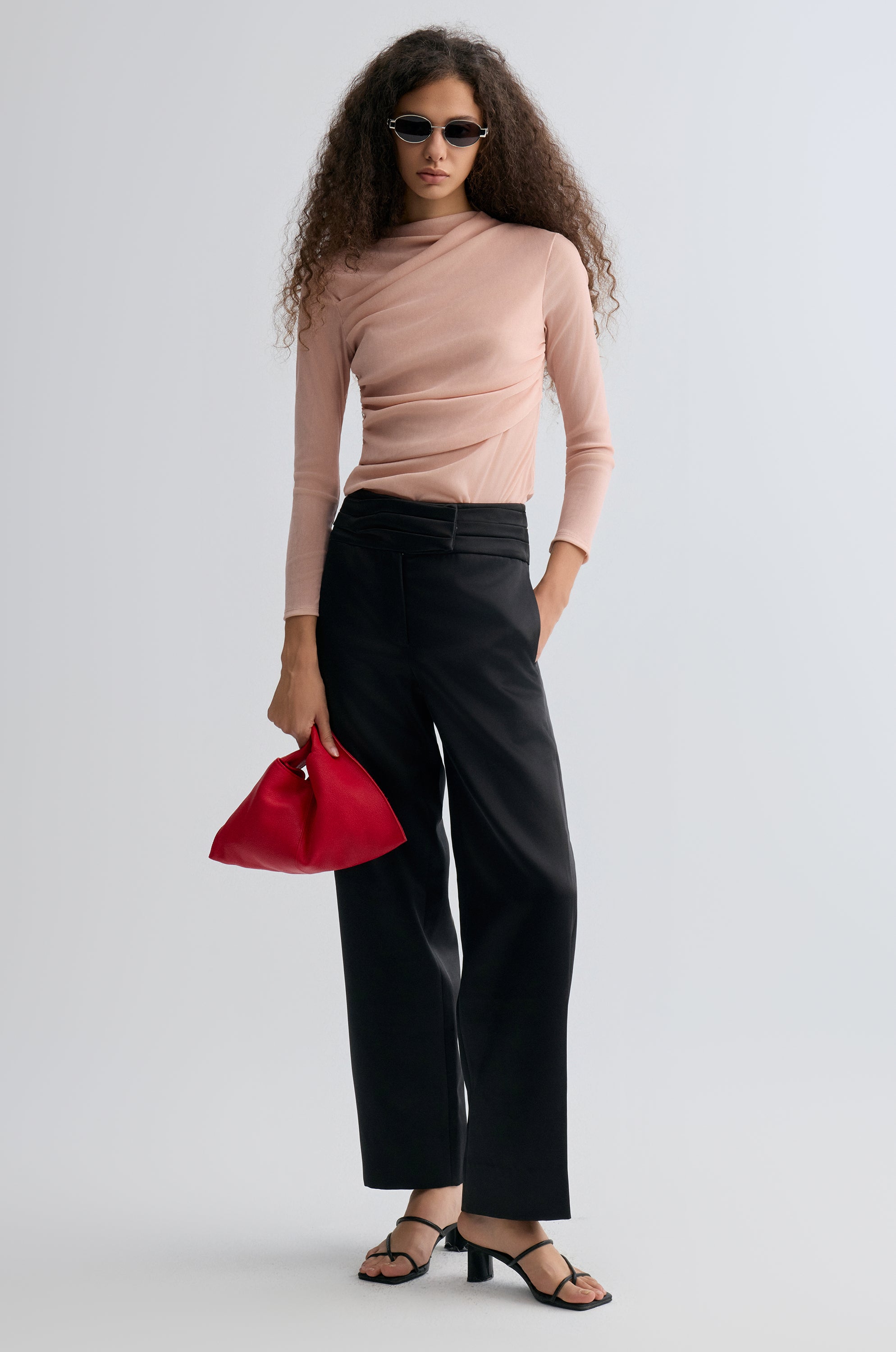 Velvet Mesh Asymmetric Draped Top Misty Rose