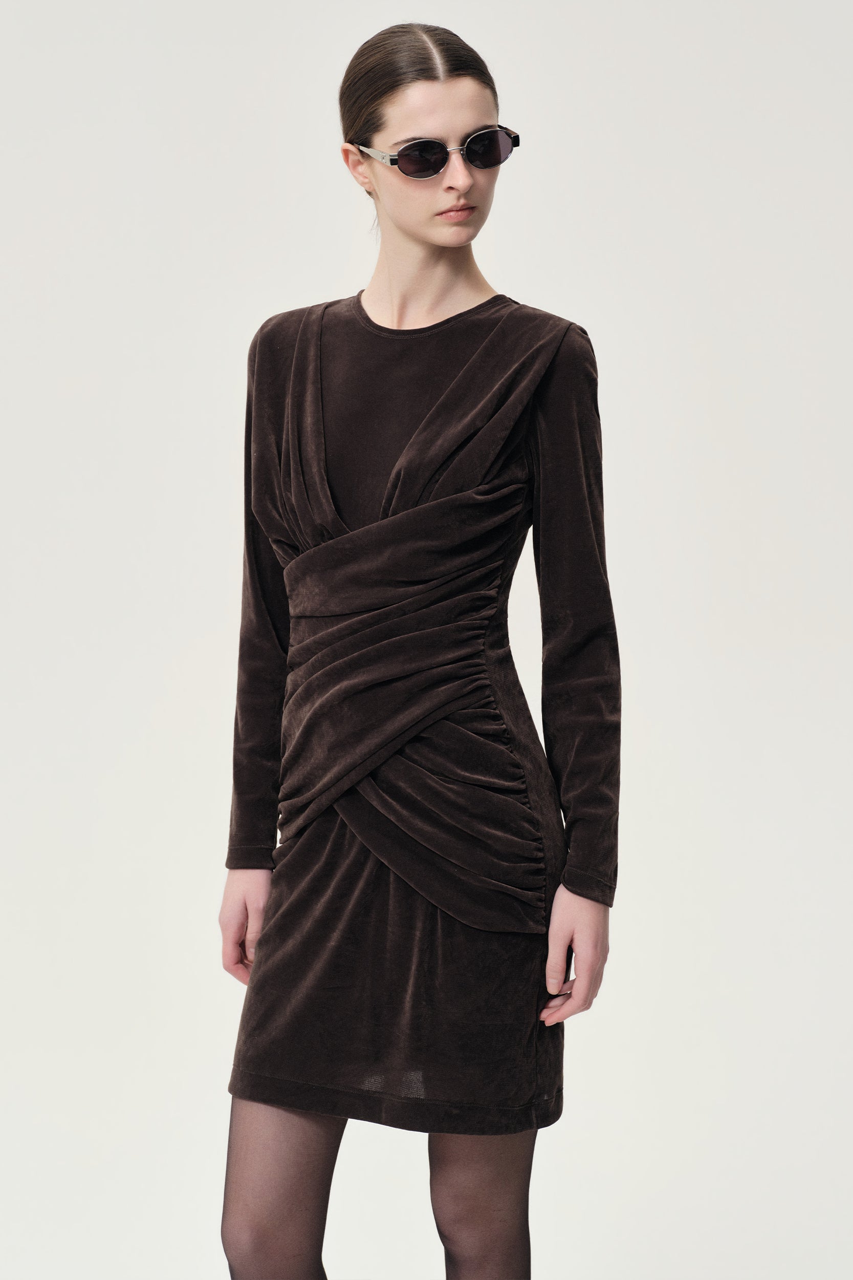 Draped Velvet Mesh  Asymmetric Dress Steel Grey