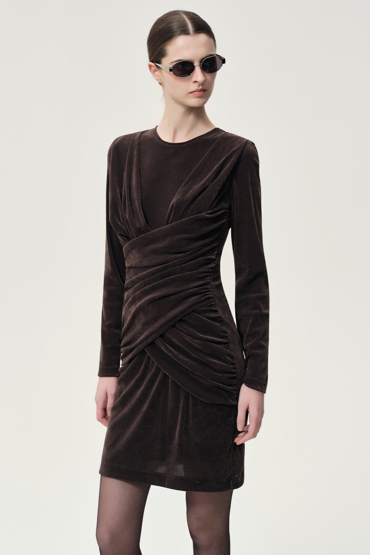 Draped Velvet Mesh  Asymmetric Dress Steel Grey
