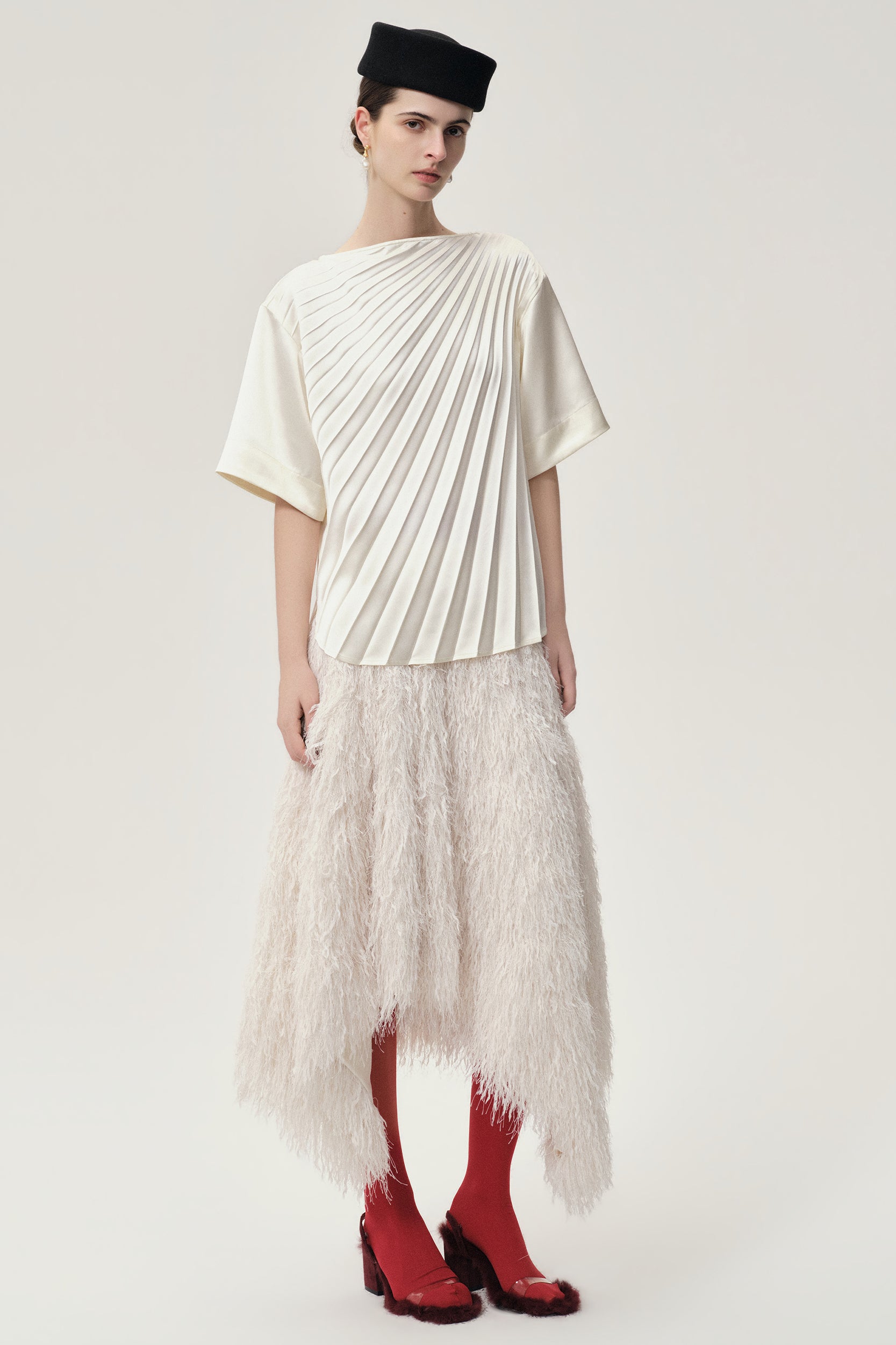 Asymmetrical Pleated Blouse Ecru