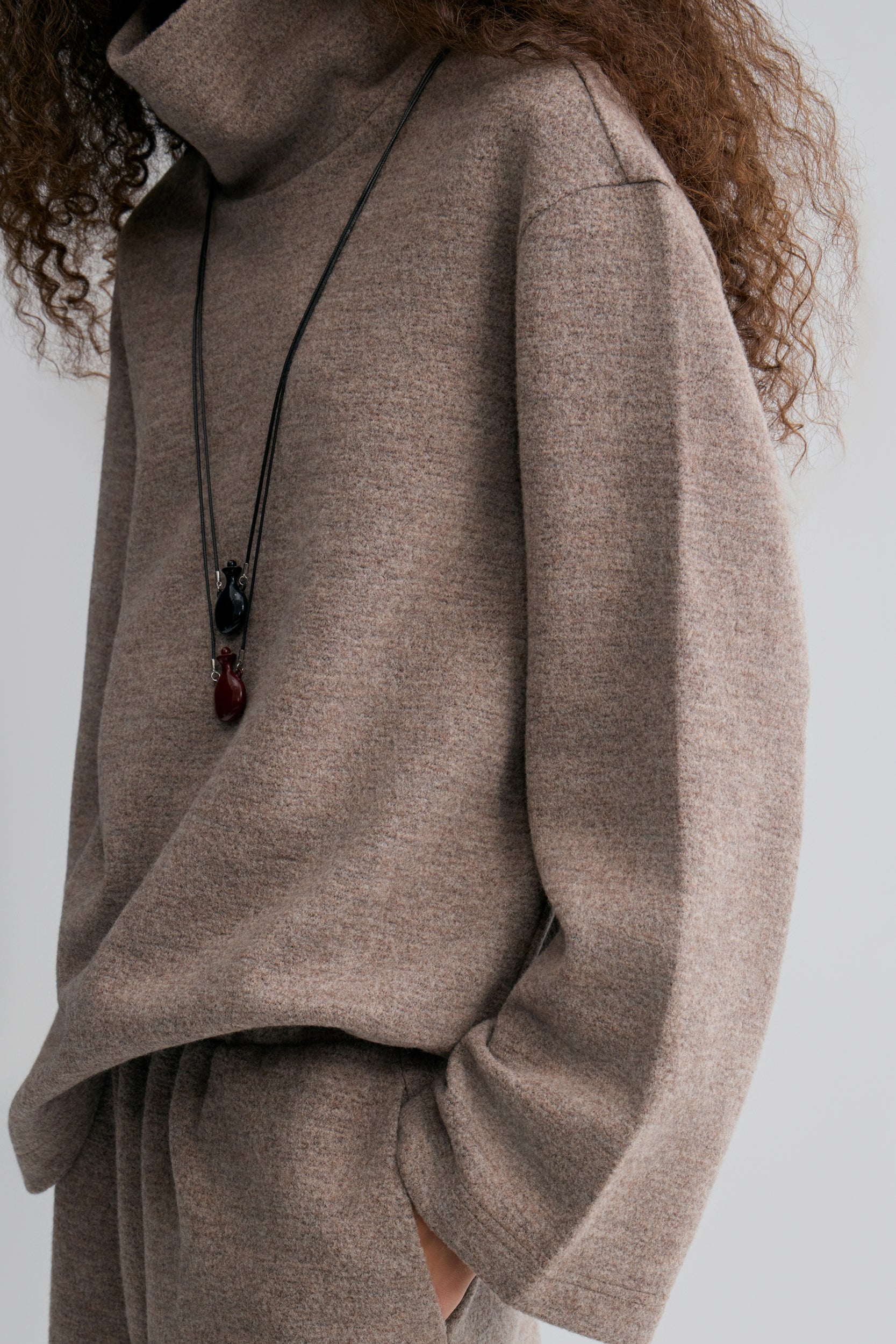 Boxy High Neck Wool Sweater Taupe Melange