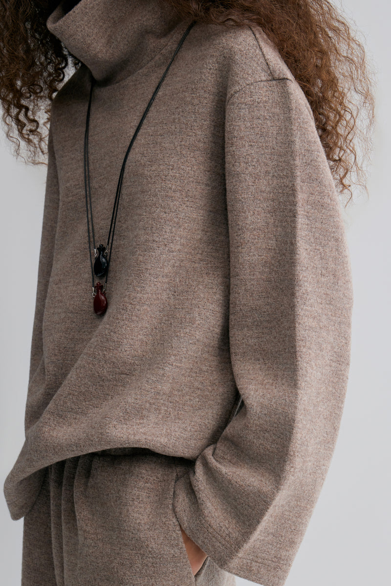 Boxy High Neck Wool Sweater Taupe Melange